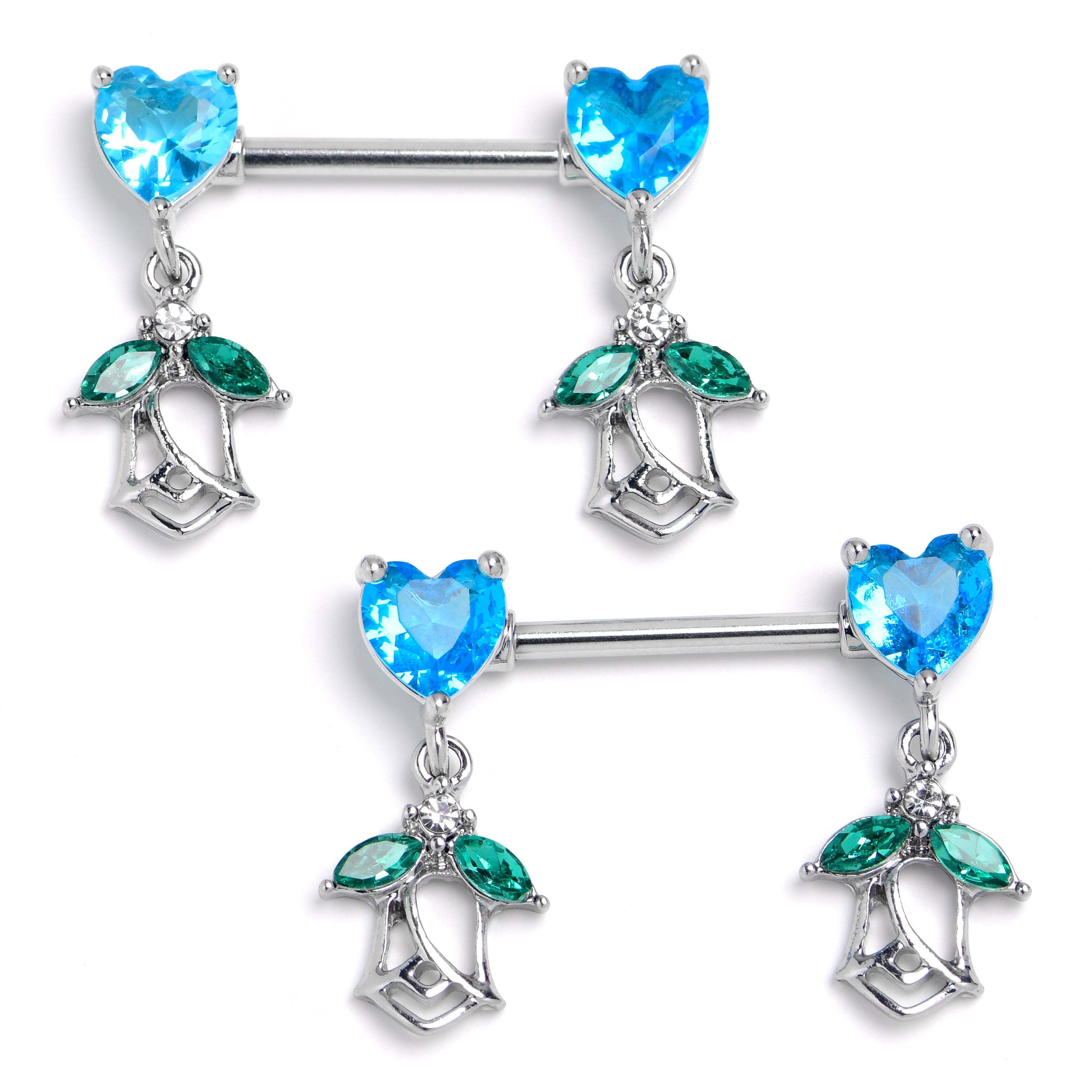 14 Gauge 9/16 Blue Green Gem Hearts And Roses Dangle Nipple Ring Set