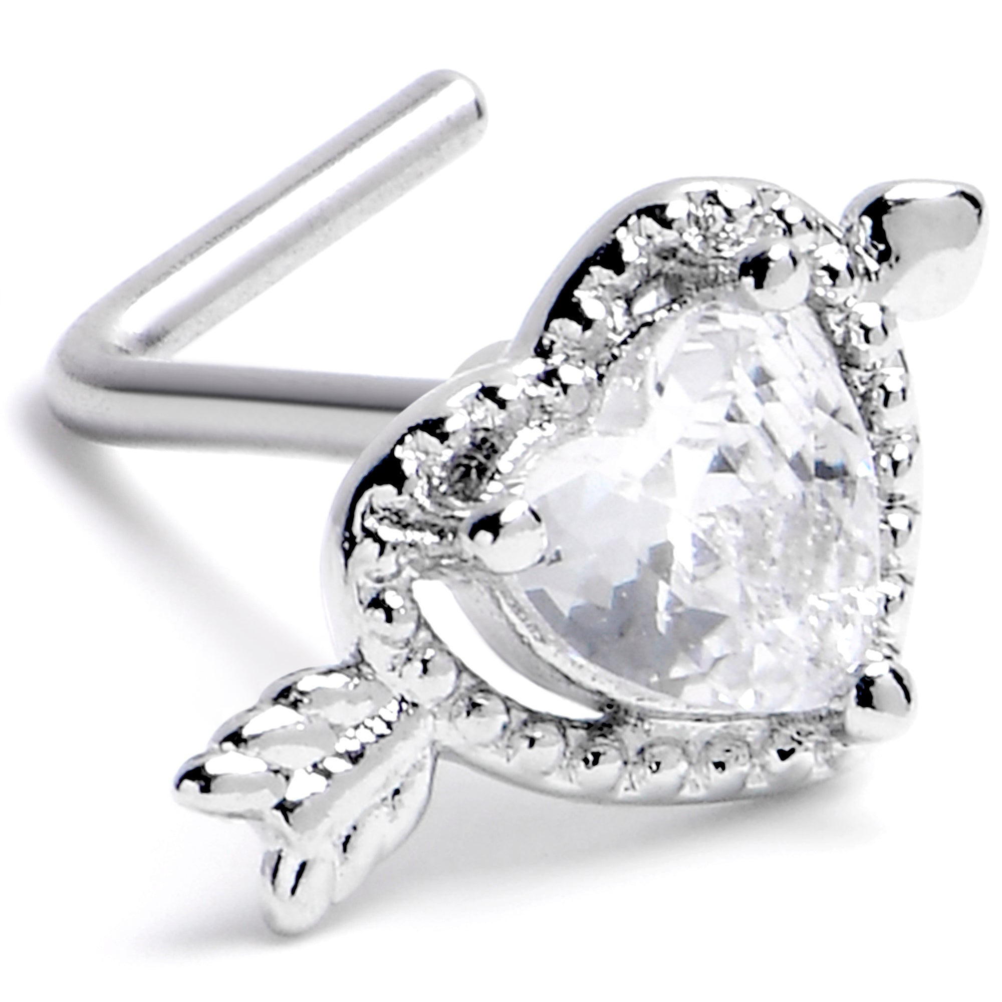 20 Gauge 1/4 Clear CZ Gem Fusion of Love L Shape Nose Ring