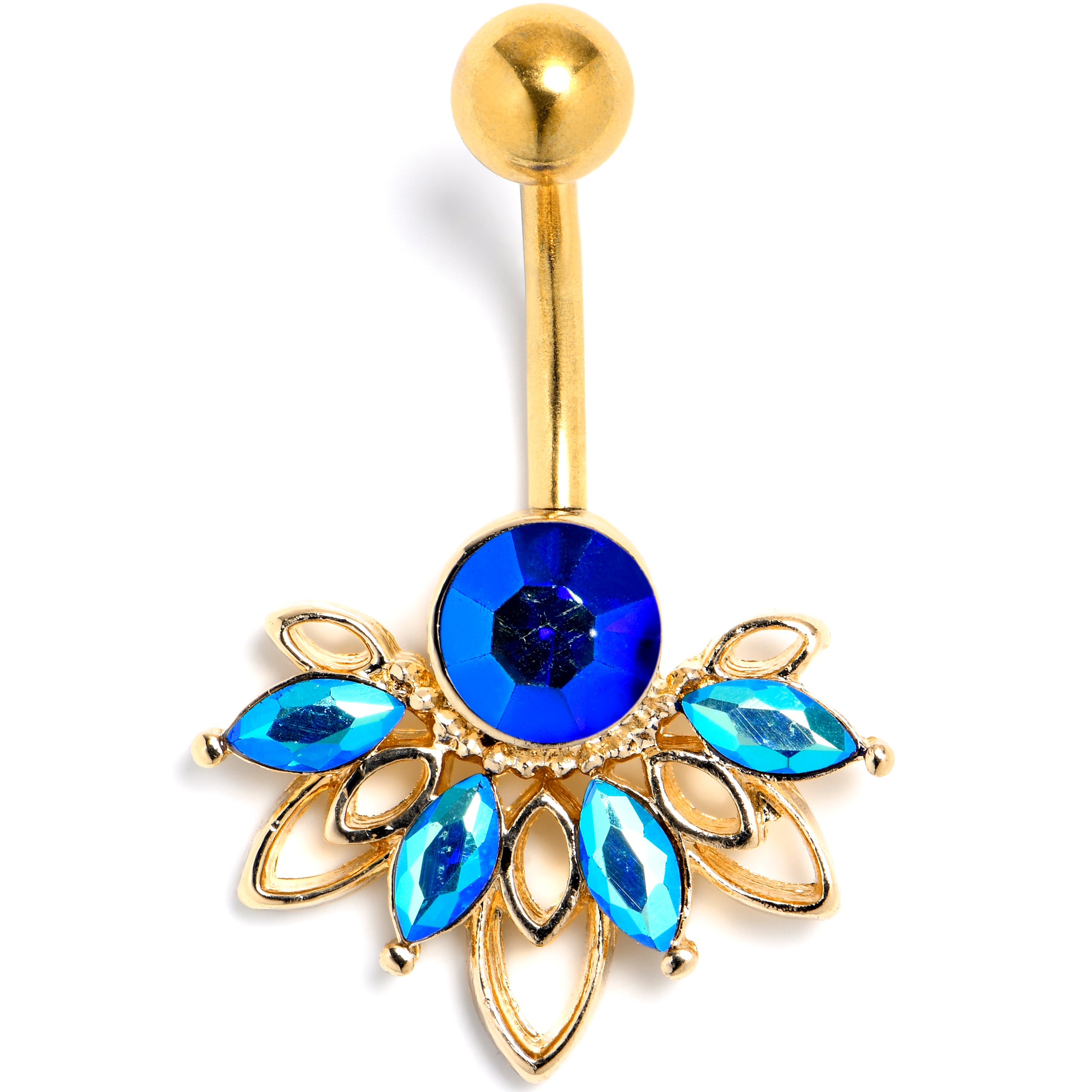 Blue Gem Gold Tone Filigree Tiara Belly Ring