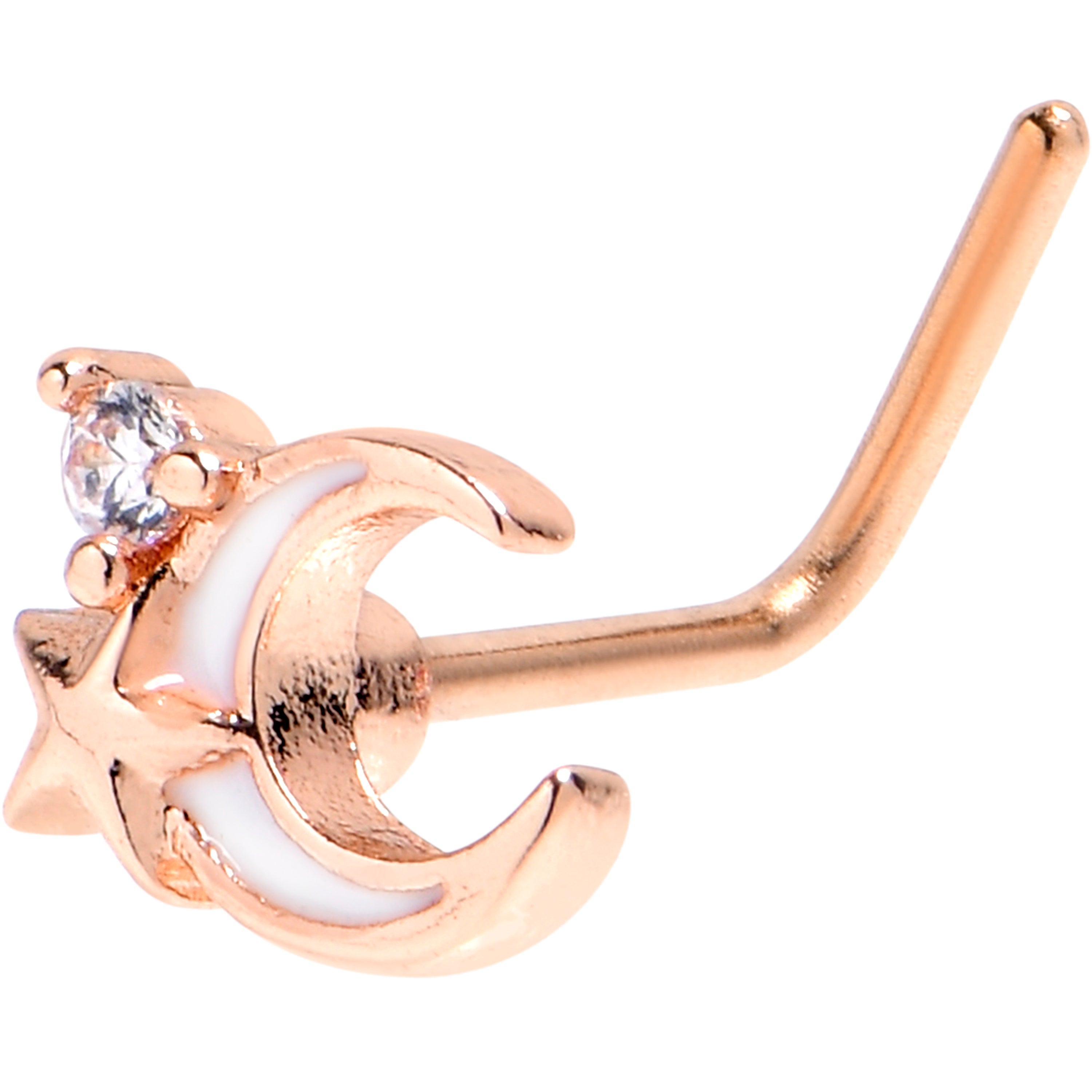 20 Gauge 7mm Clear CZ Gem Rose Gold Tone Moon Star L Shape Nose Ring