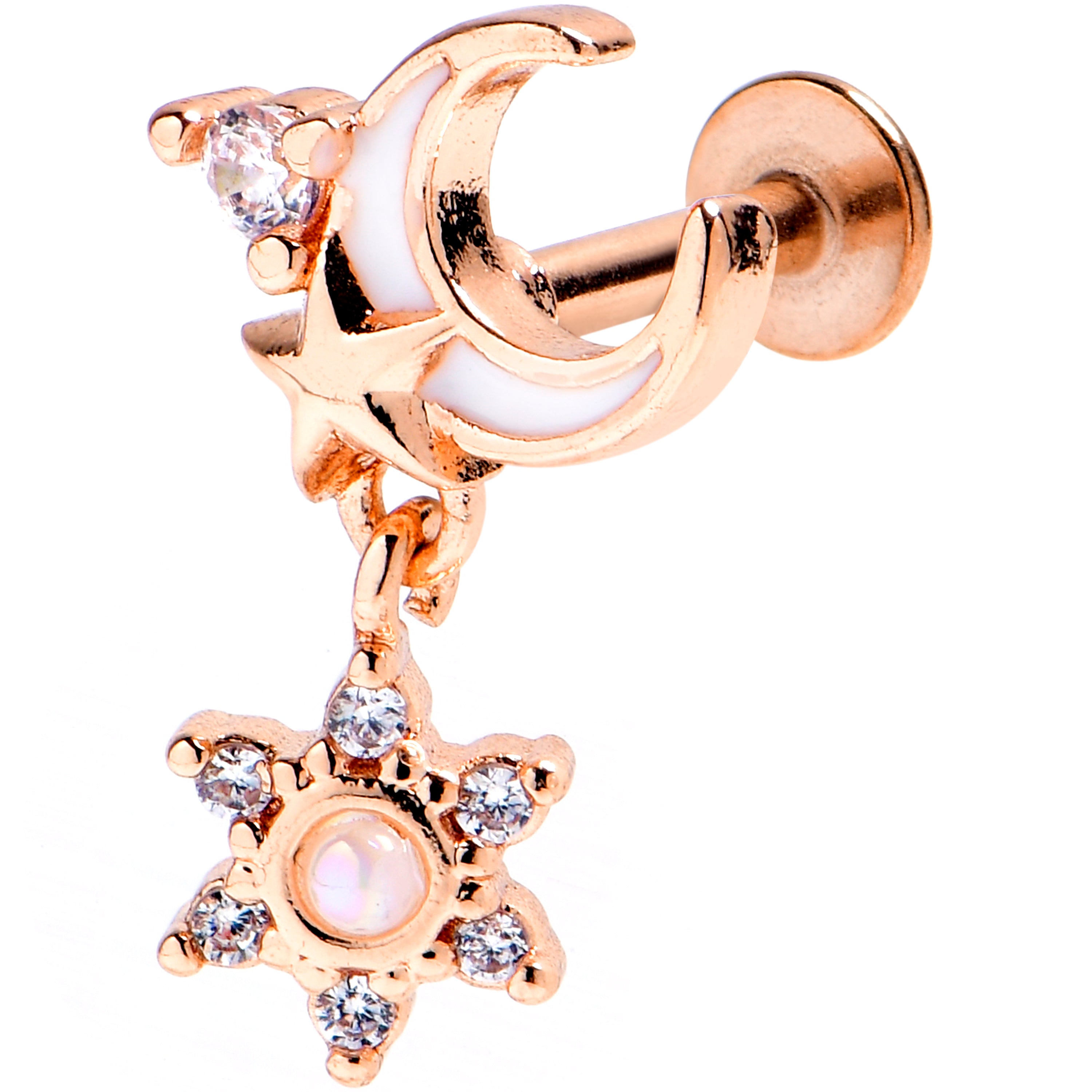 16 Gauge 1/4 Clear CZ Gem Rose Gold Tone Moon Star Dangle Labret