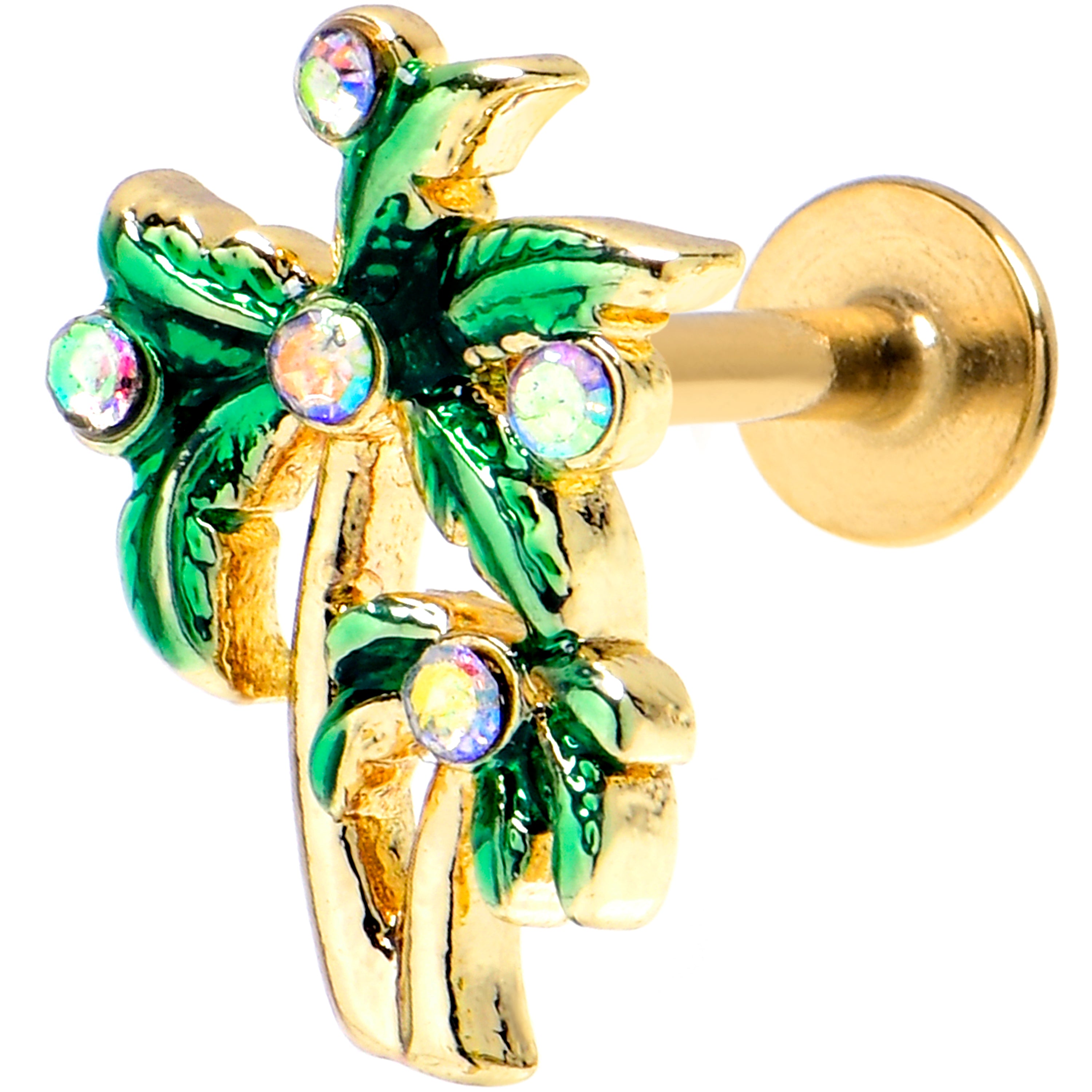 16 Gauge 1/4 Aurora Gem Gold Tone Palm Tree Glam Labret