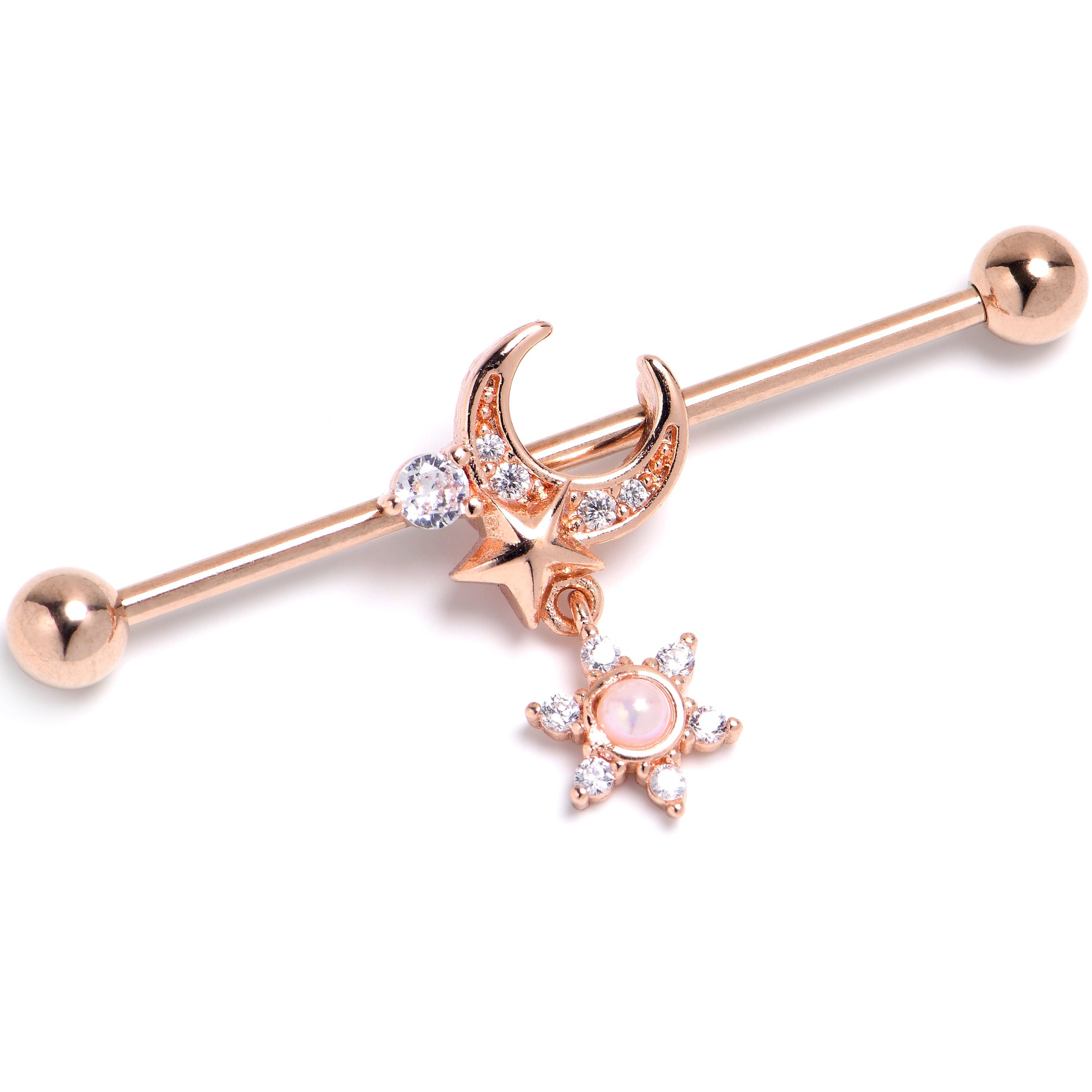 14 Gauge Clear CZ Gem Rose Gold Tone Moon Star Industrial Barbell 38mm