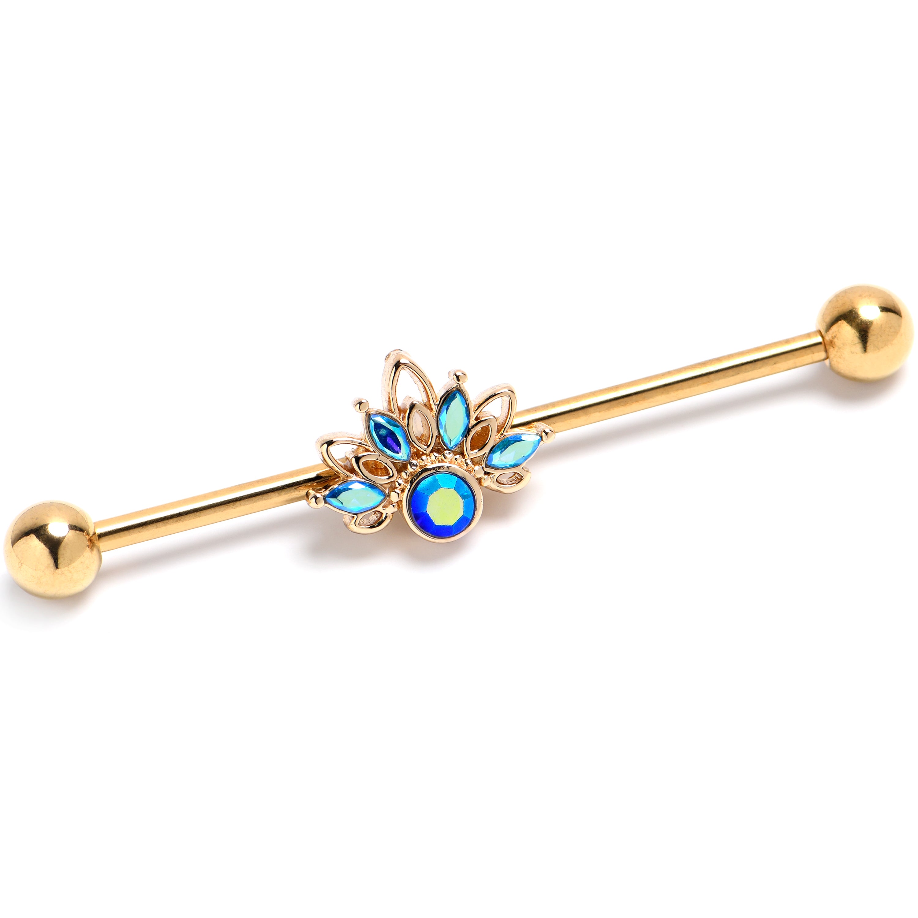 14 Gauge Blue Gem Gold Tone Filigree Tiara Industrial Barbell 38mm