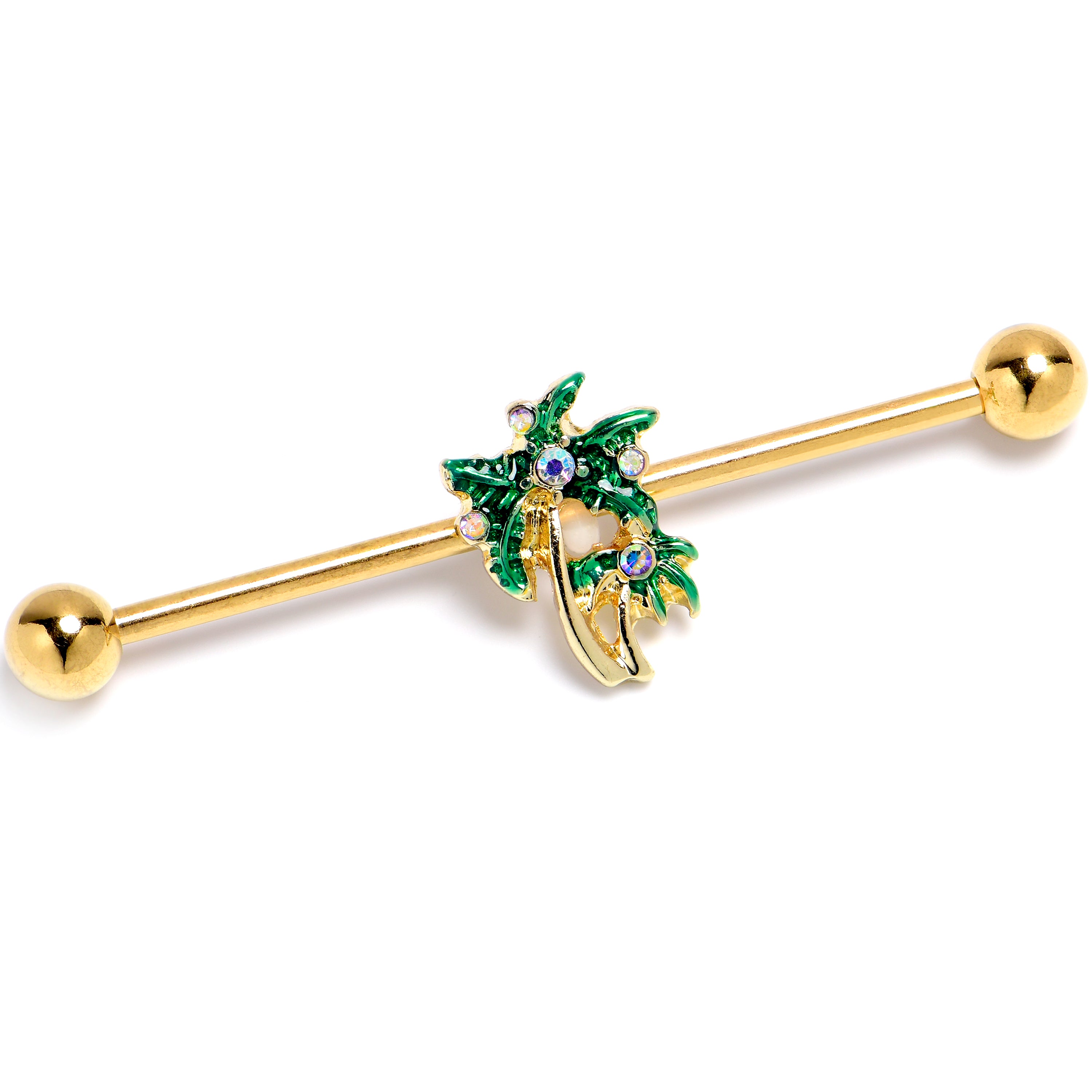 14 Gauge Aurora Gem Gold Tone Palm Tree Glam Industrial Barbell 38mm