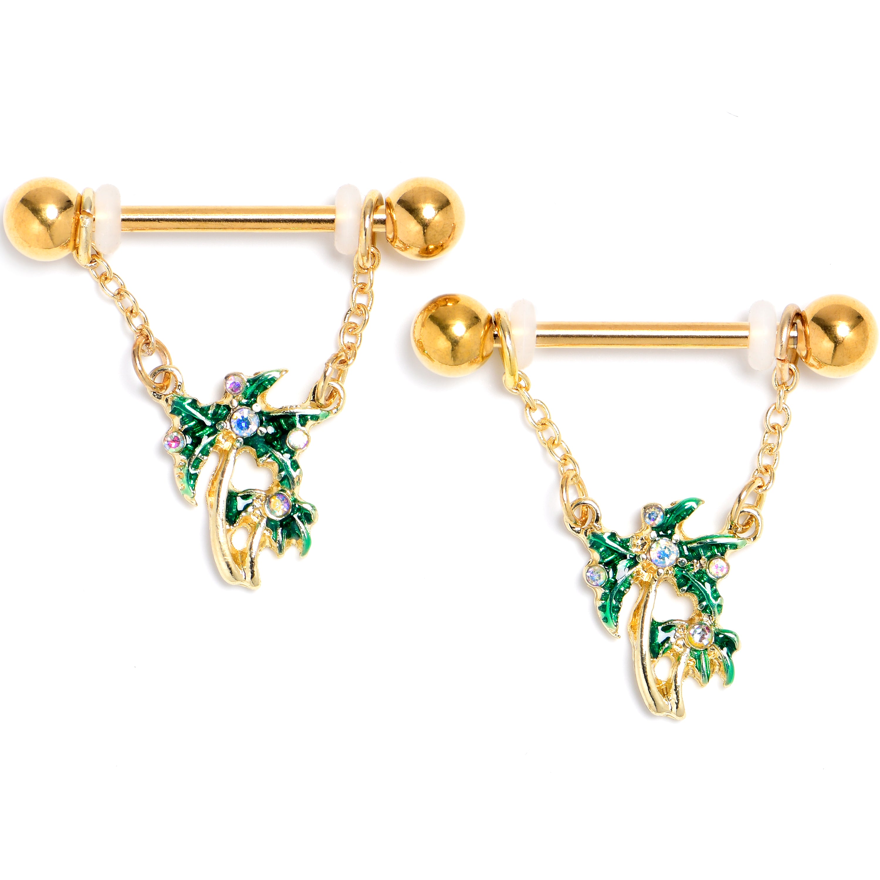 14 Gauge 9/16 Aurora Gem Gold Tone Palm Tree Glam Dangle Nipple Ring Set