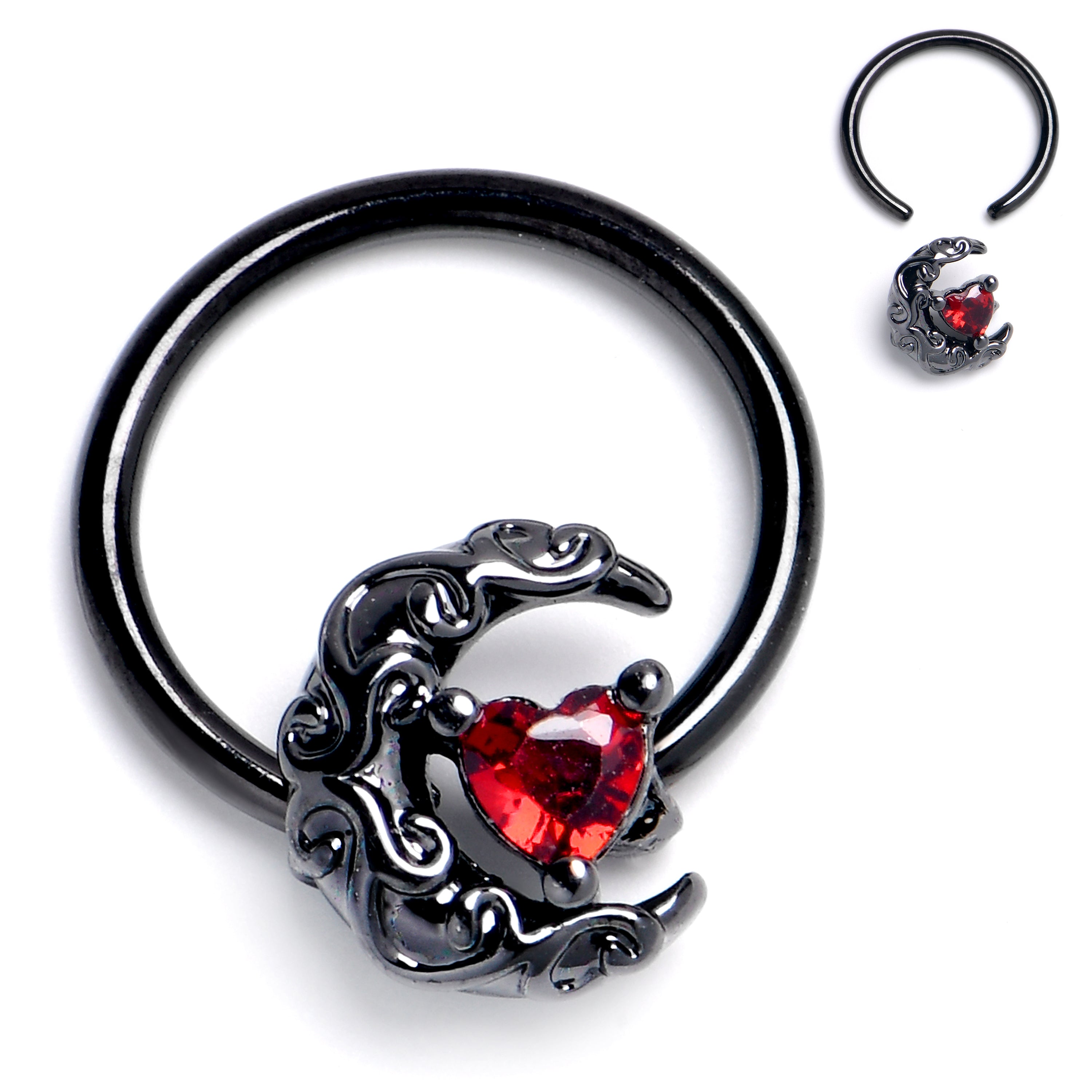 16 Gauge 3/8 Red Gem Black Scroll Moon Heart BCR Captive Ring