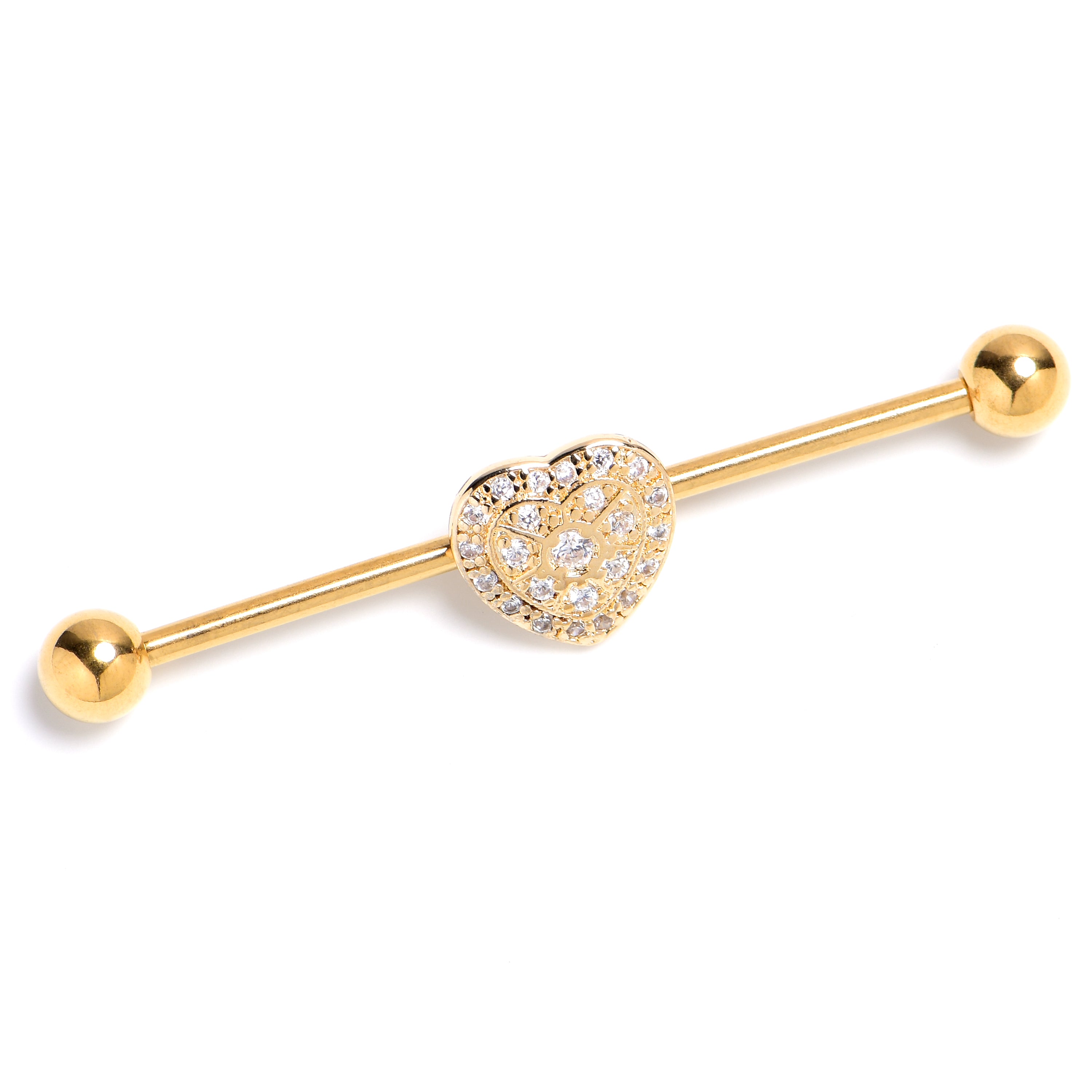 14 Gauge Clear Gem Gold Tone Ultra Luxe Heart Industrial Barbell 38mm