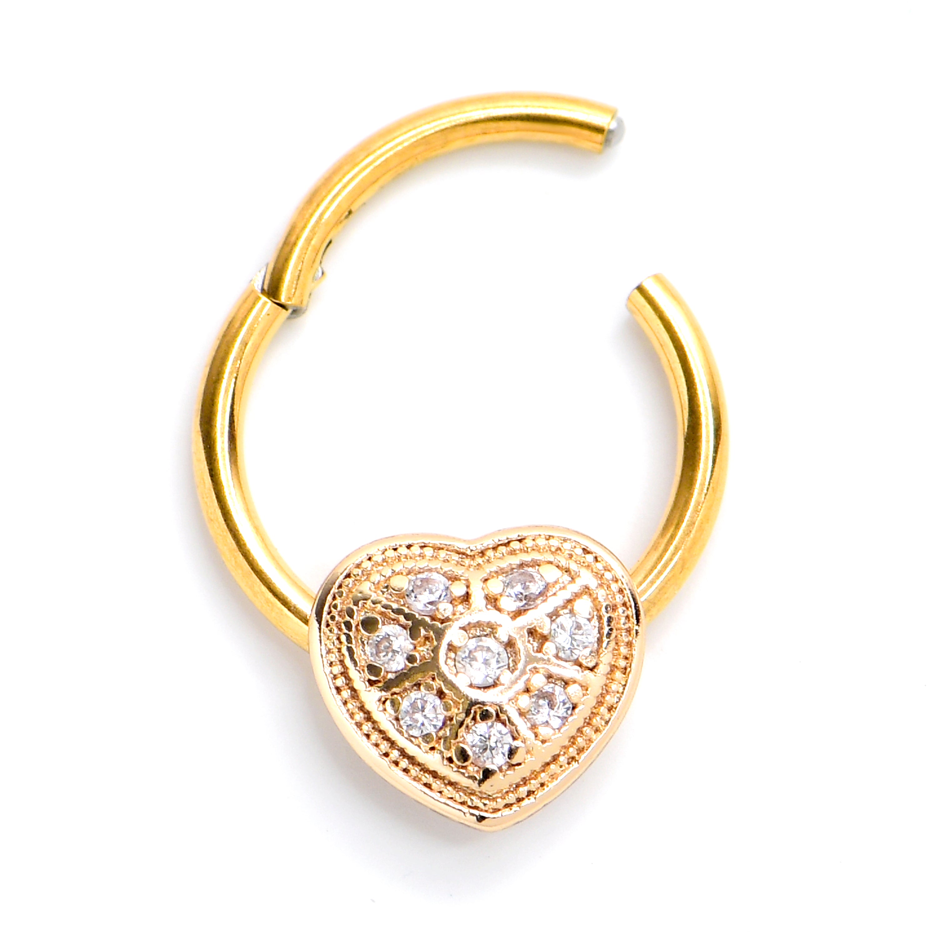 16 Gauge 3/8 Clear Gem Gold Tone Ultra Luxe Heart Hinged Segment Ring