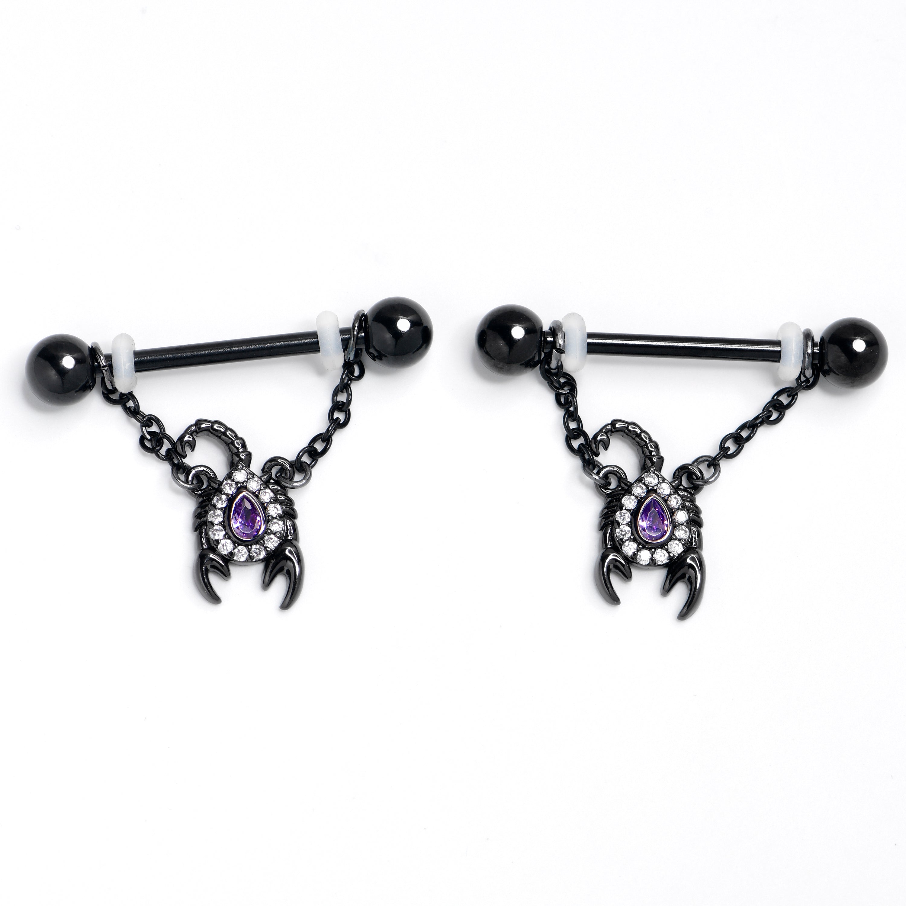 14 Gauge 9/16 Purple Gem Black Goth Scorpion Dangle Nipple Ring Set