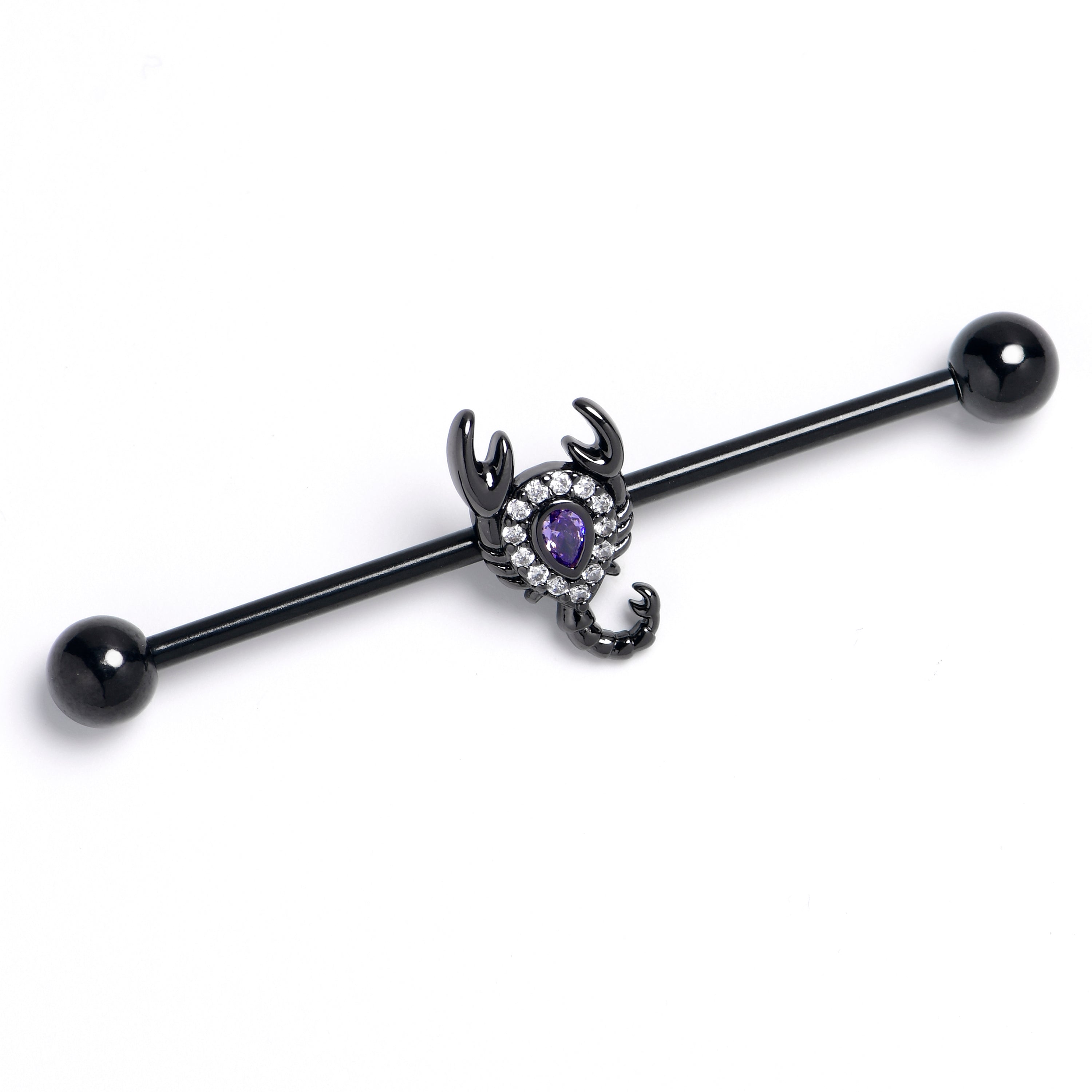 14 Gauge Clear Purple Gem Black Goth Scorpion Industrial Barbell 38mm