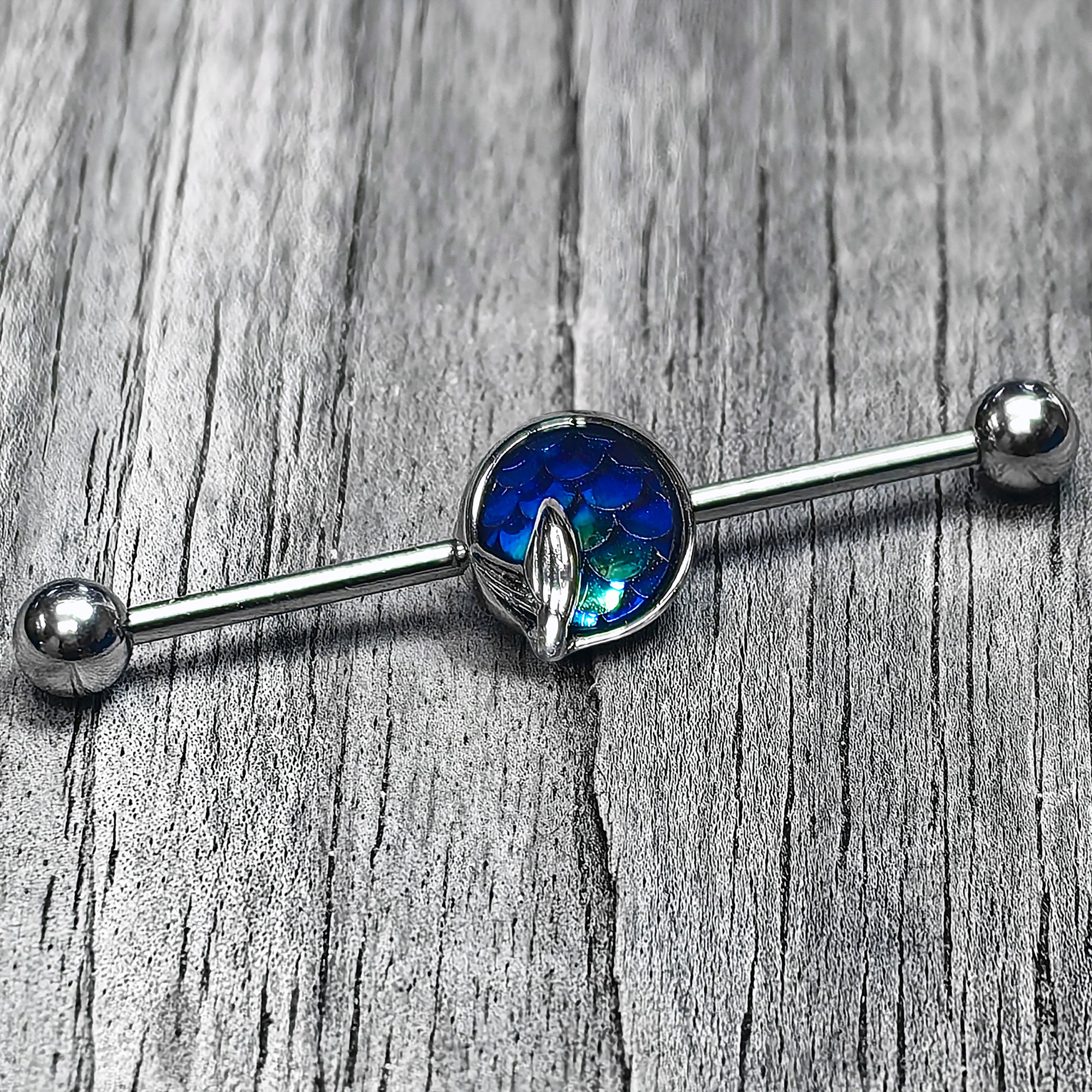 14 Gauge Mermaid Dark Blue Scale Tail Industrial Barbell 38mm