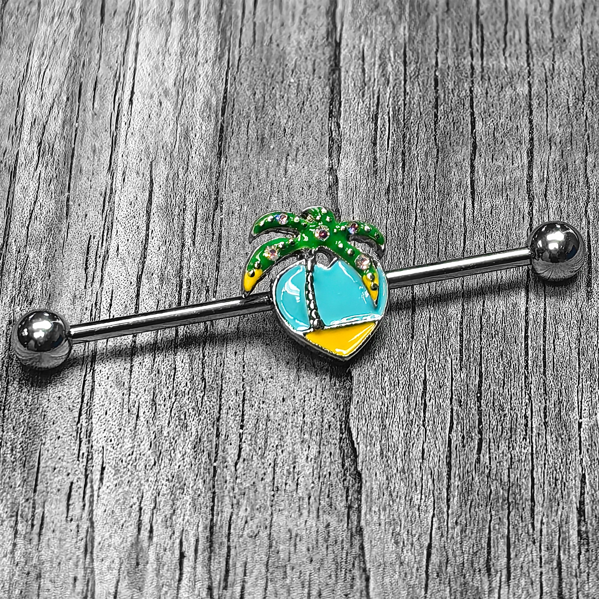 14 Gauge Beach Heart Palm Tree Industrial Barbell 38mm