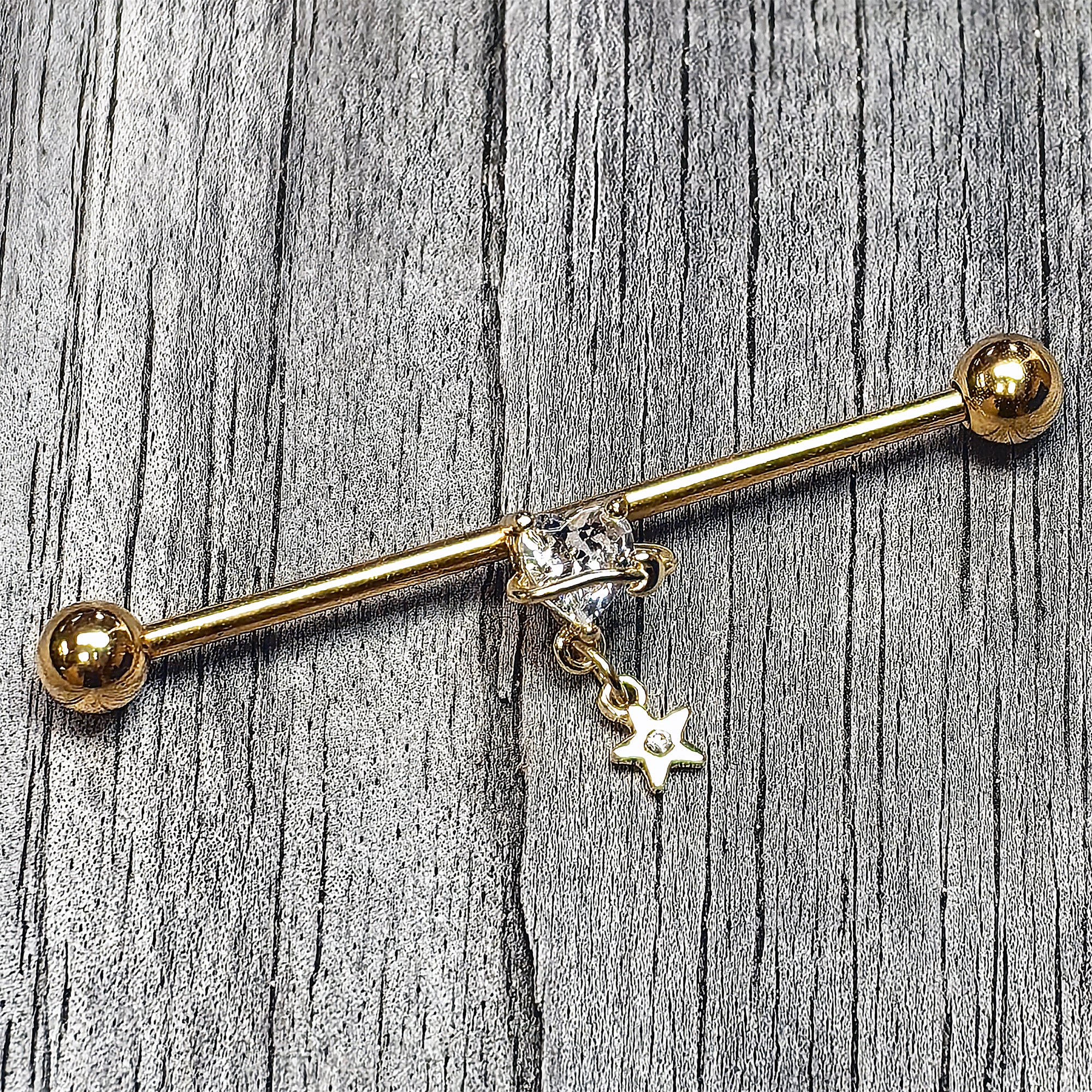 14 Gauge Clear Gem Gold Tone Starry Saturn Dangle Industrial Barbell 38mm