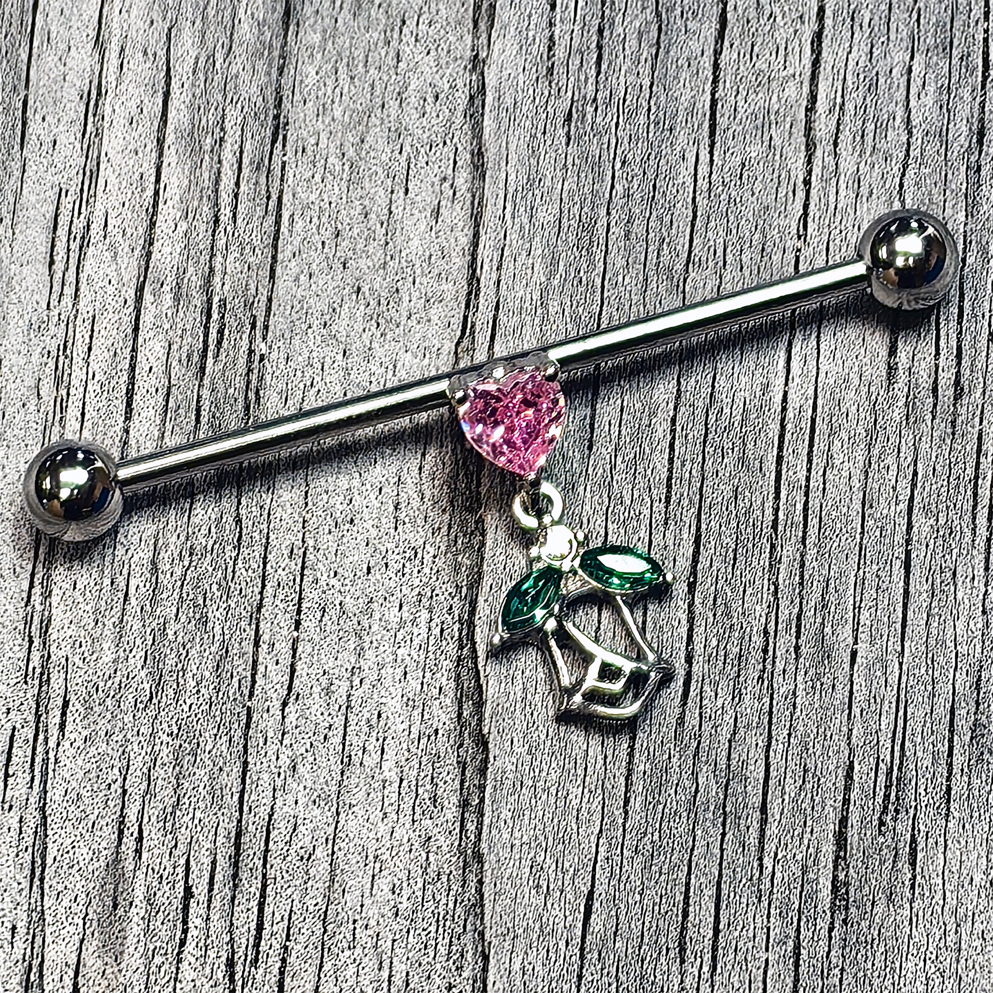 14 Gauge Pink Gem Heart And Rose Dangle Industrial Barbell 38mm