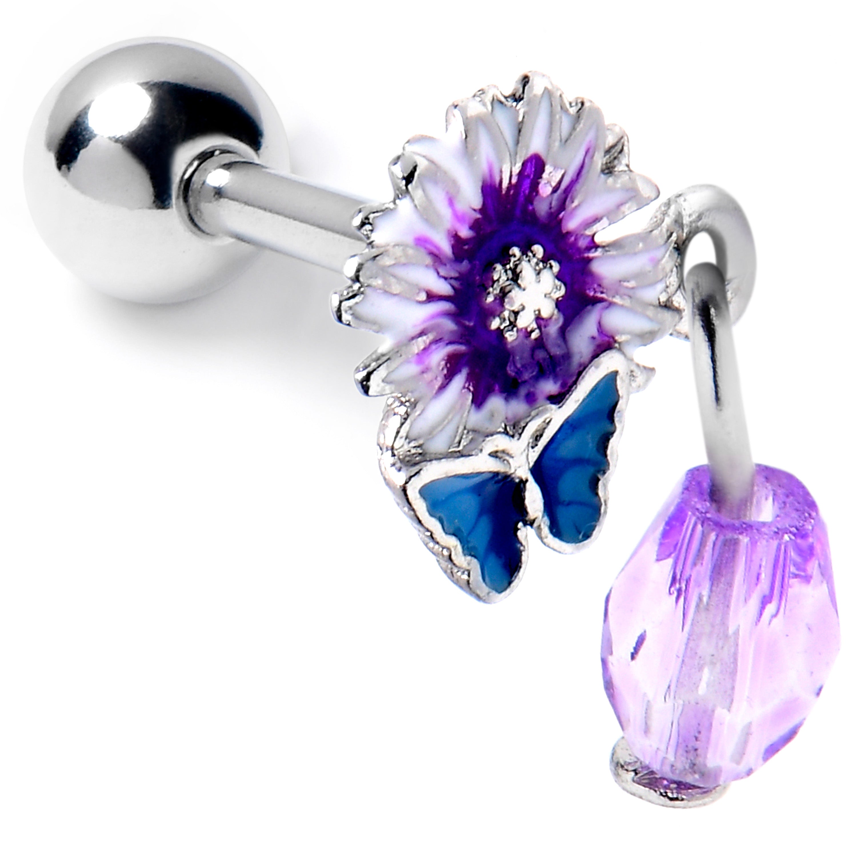 16 Gauge 1/4 Purple Gem Passion Flower Butterfly Cartilage Earring