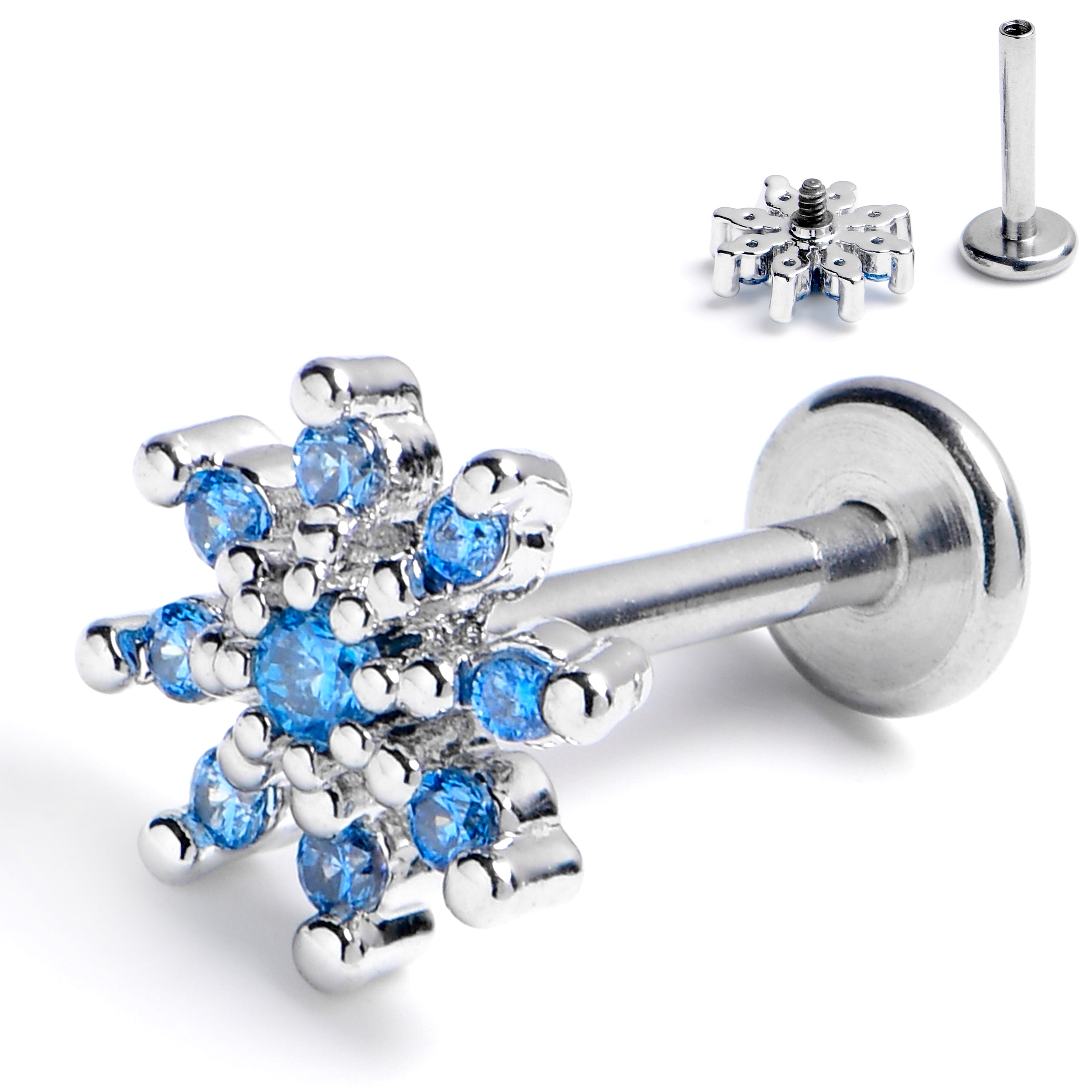 16 Gauge 5/16 Blue CZ Gem Fab Floral Internally Threaded Labret Tragus