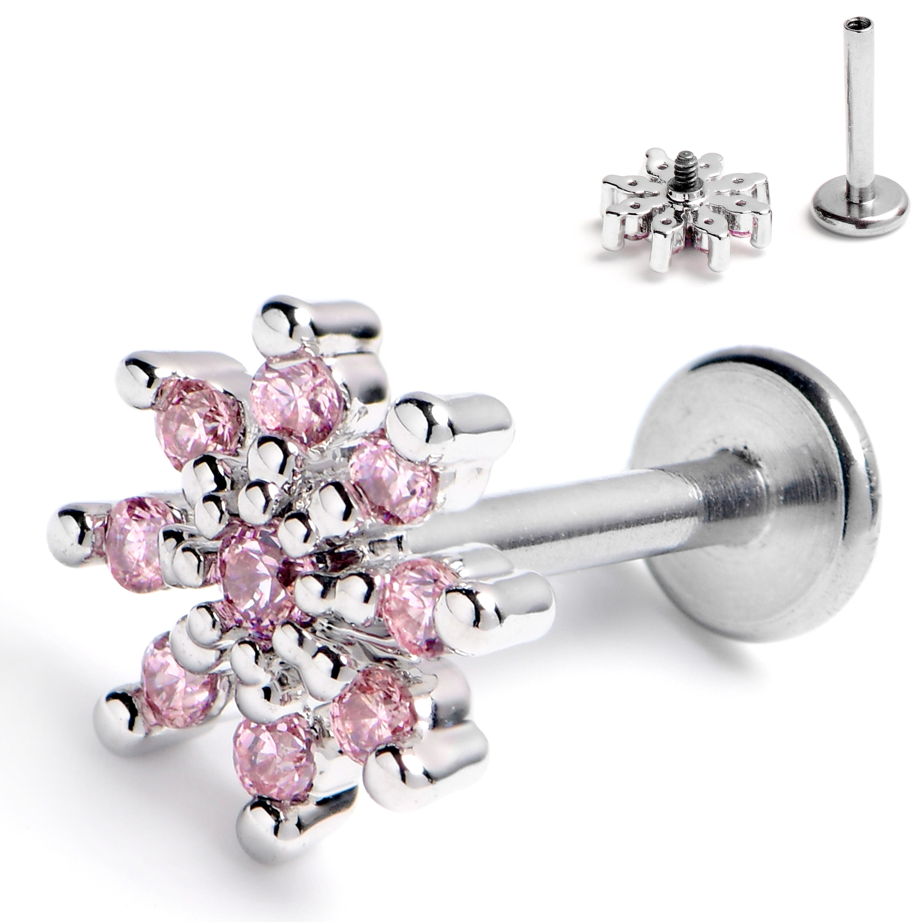 16 Gauge 5/16 Pink CZ Gem Fab Floral Internally Threaded Labret Tragus