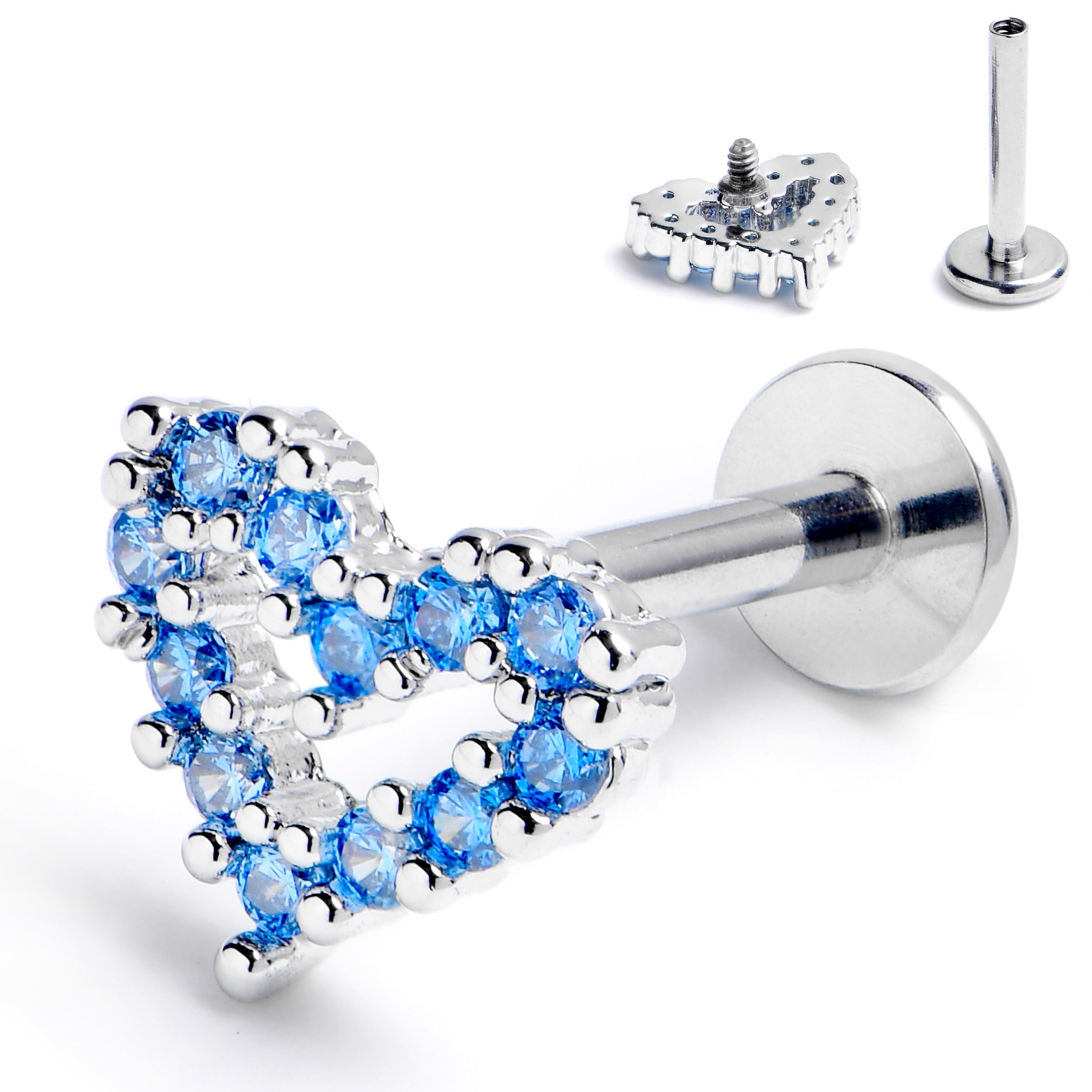 16 Gauge 5/16 Blue CZ Gem Open Heart Internally Threaded Labret Tragus