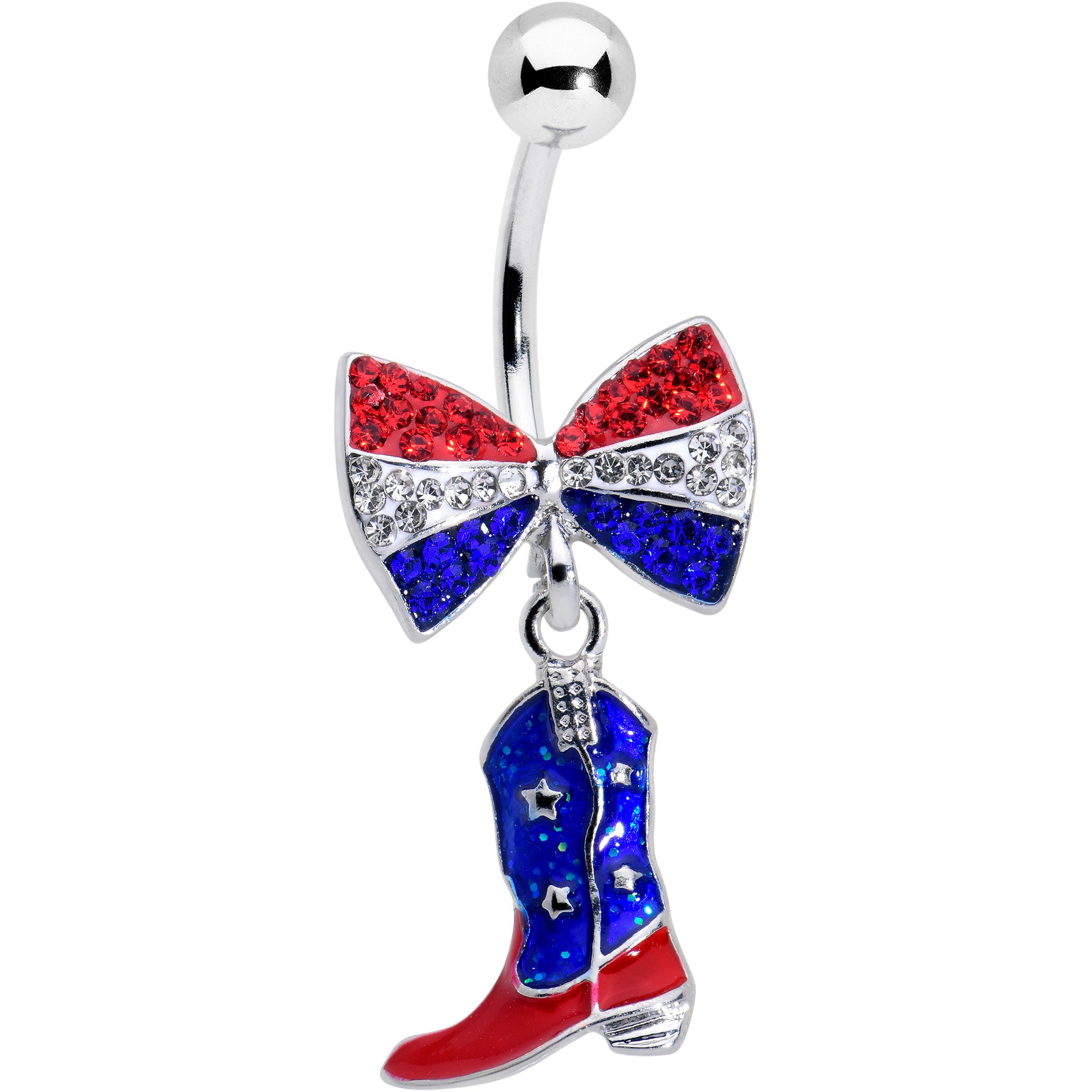 Red Blue Clear Gem Bow Cowboy Boot Patriotic Dangle Belly Ring