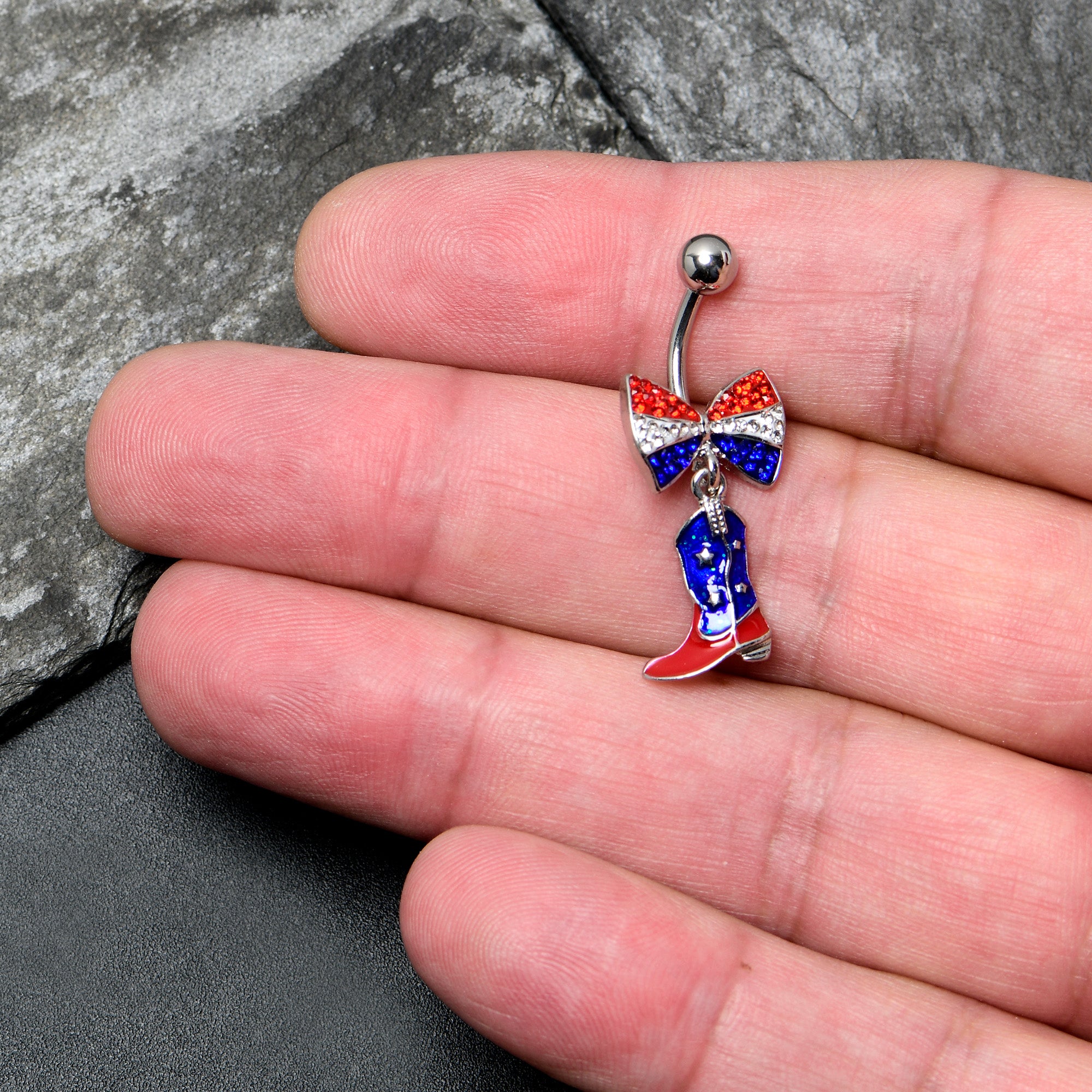 Red Blue Clear Gem Bow Cowboy Boot Patriotic Dangle Belly Ring