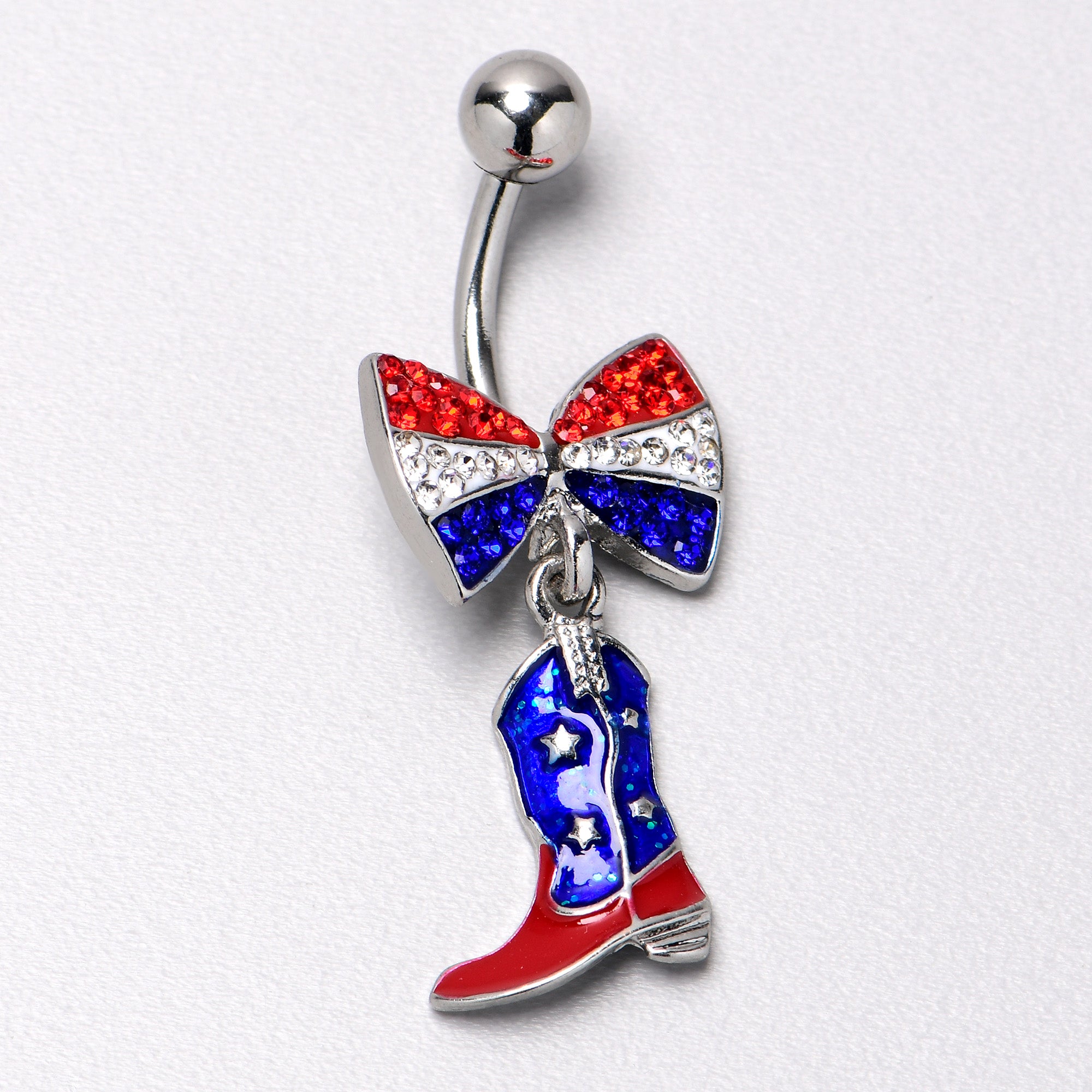 Red Blue Clear Gem Bow Cowboy Boot Patriotic Dangle Belly Ring