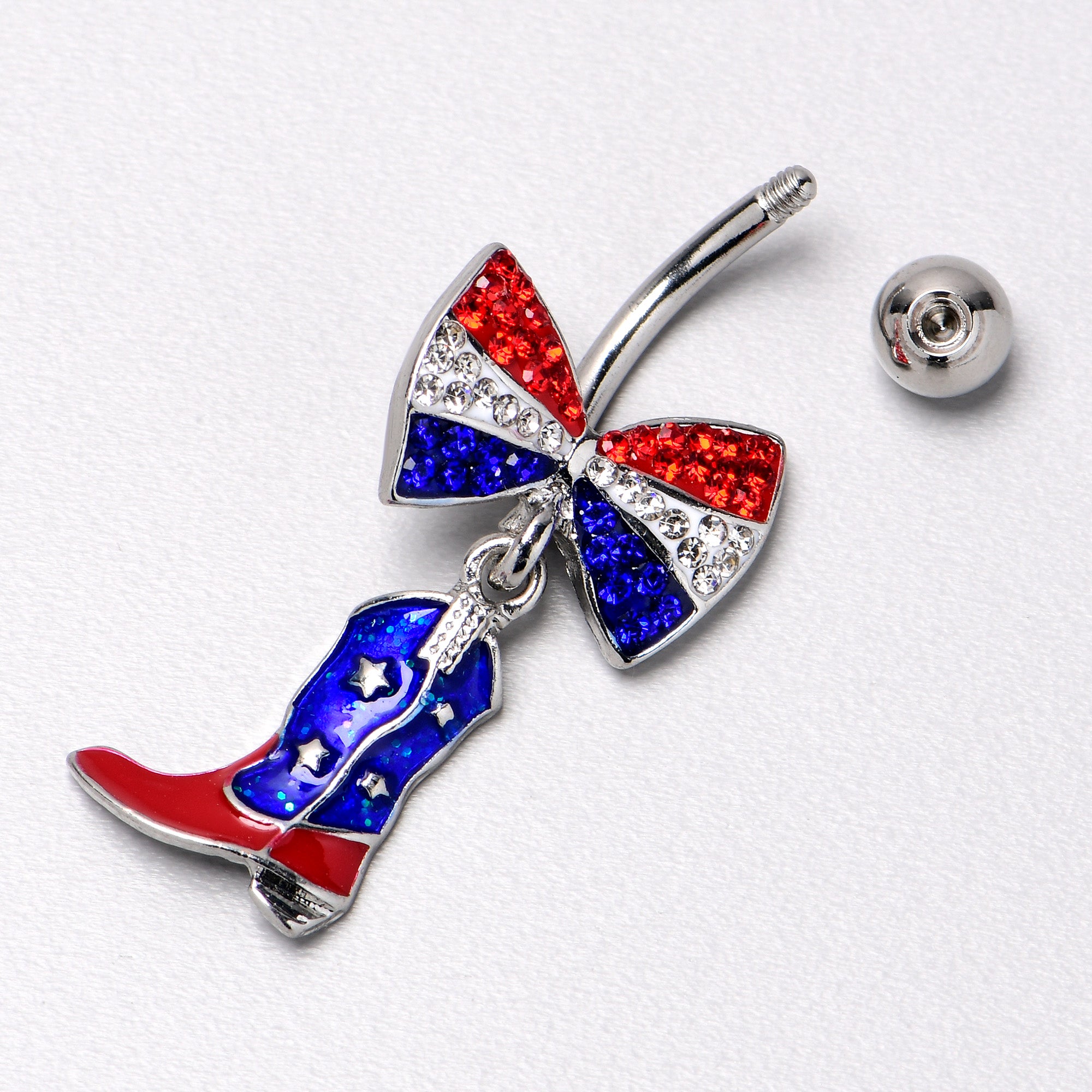 Red Blue Clear Gem Bow Cowboy Boot Patriotic Dangle Belly Ring