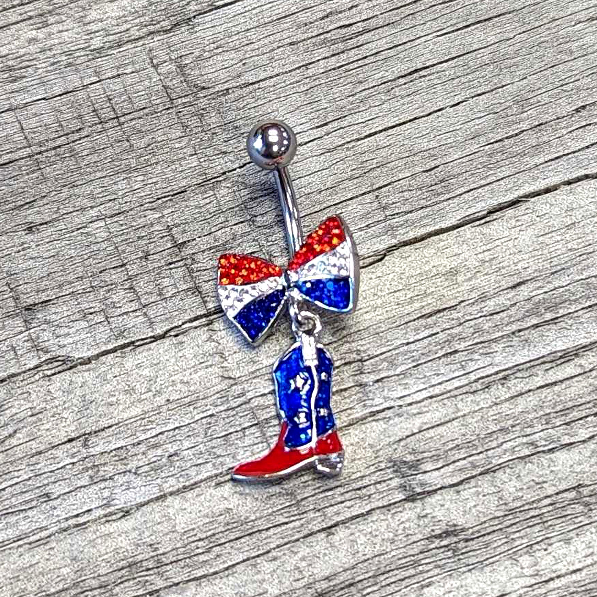 Red Blue Clear Gem Bow Cowboy Boot Patriotic Dangle Belly Ring