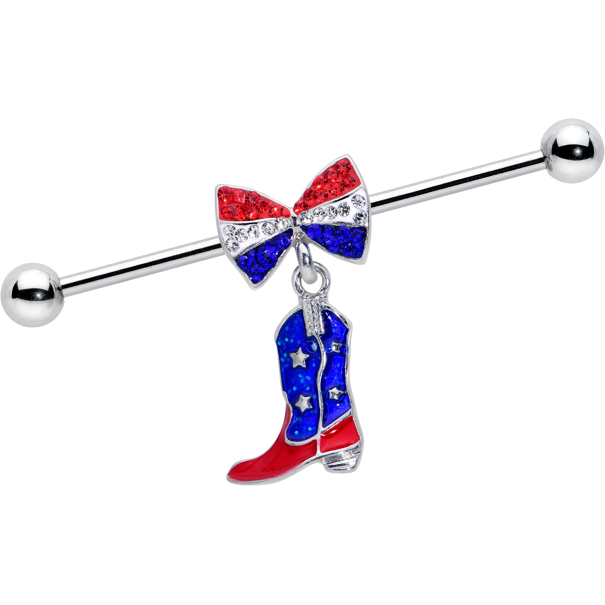 14 Gauge Red Blue Gem Bow Cowboy Boot Patriotic Industrial Barbell 38mm