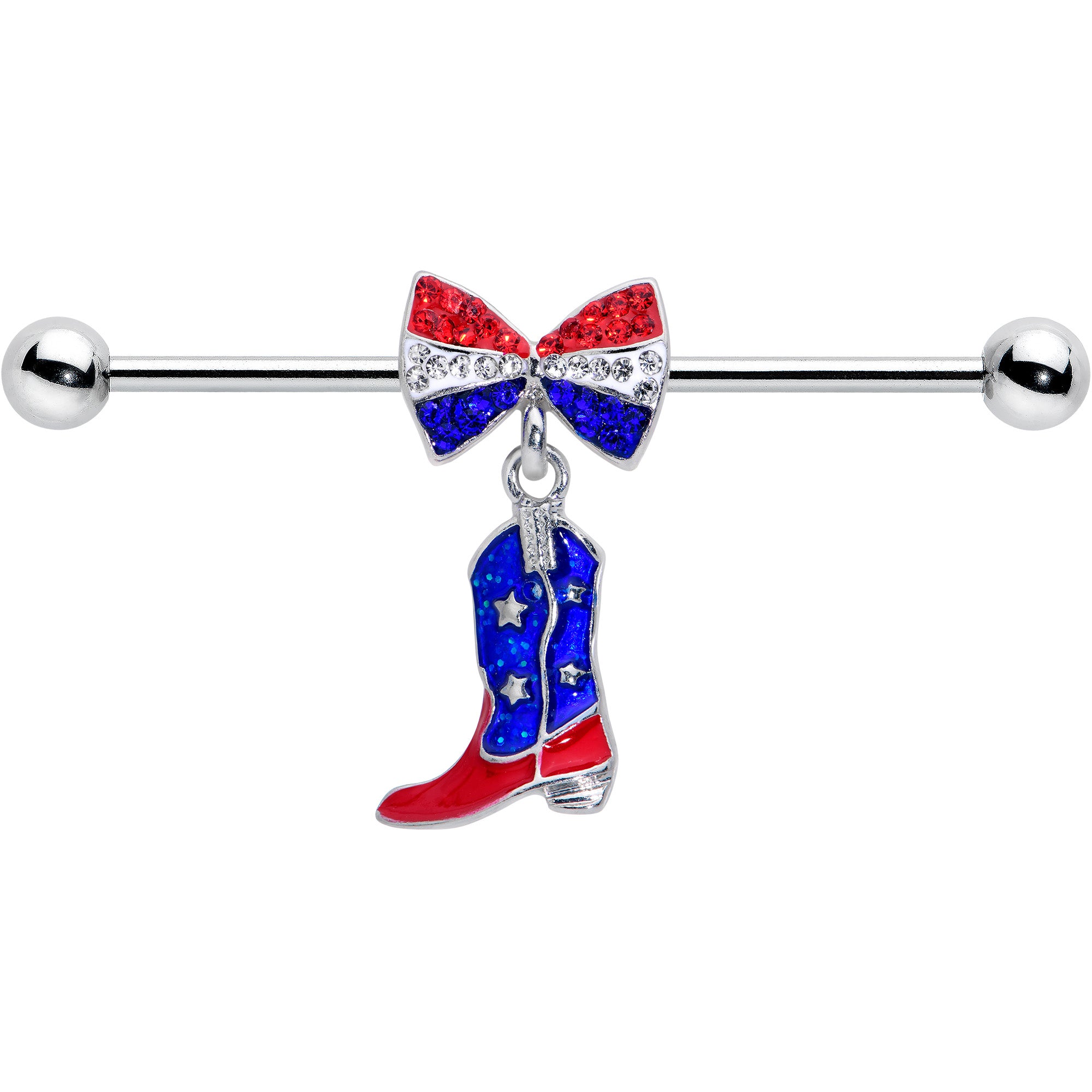 14 Gauge Red Blue Gem Bow Cowboy Boot Patriotic Industrial Barbell 38mm