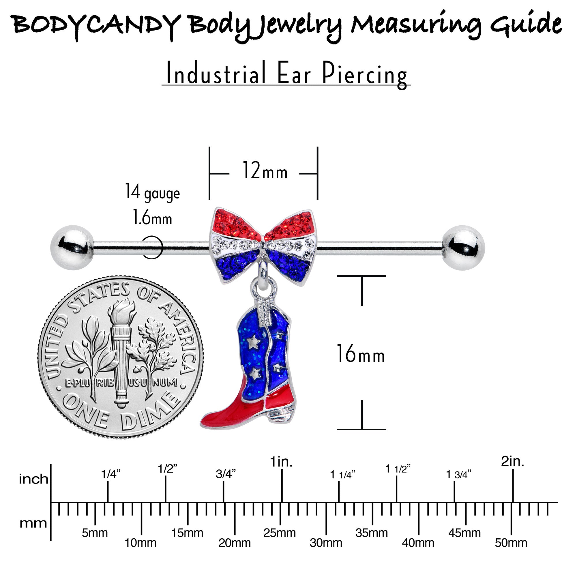 14 Gauge Red Blue Gem Bow Cowboy Boot Patriotic Industrial Barbell 38mm