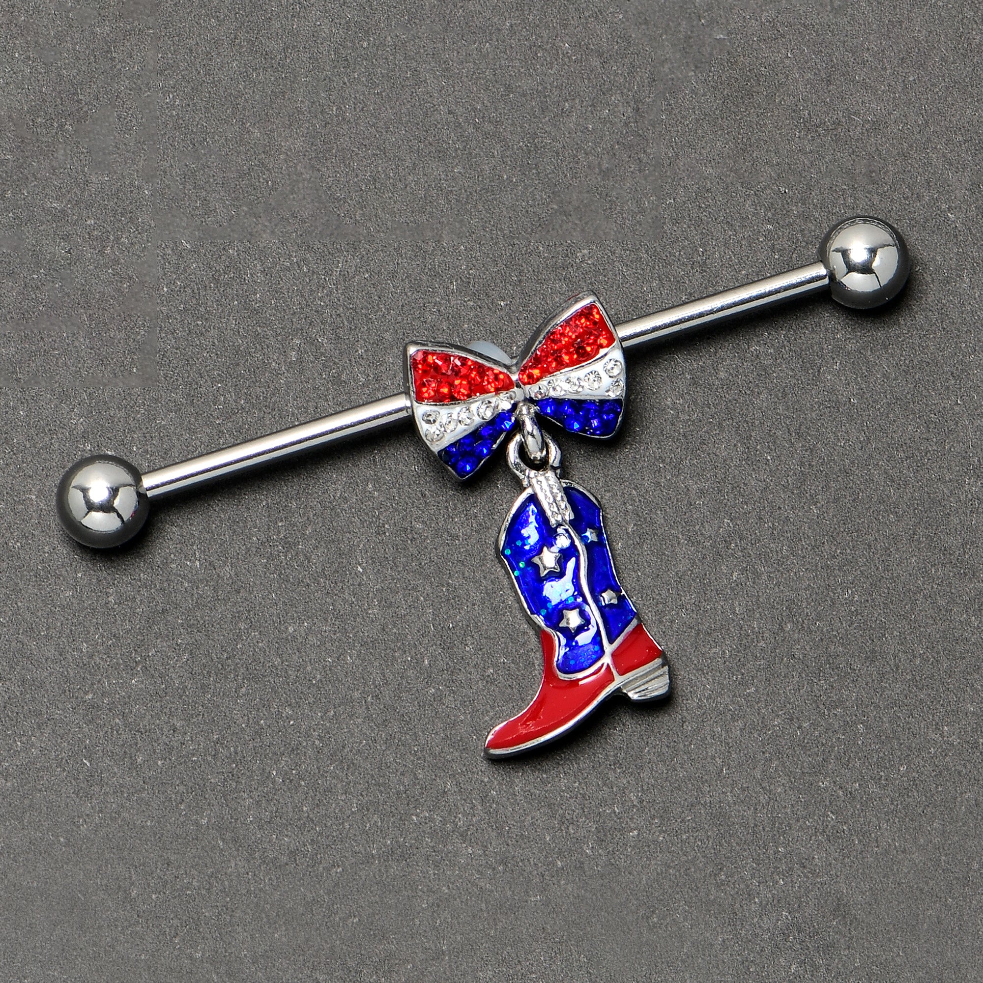 14 Gauge Red Blue Gem Bow Cowboy Boot Patriotic Industrial Barbell 38mm