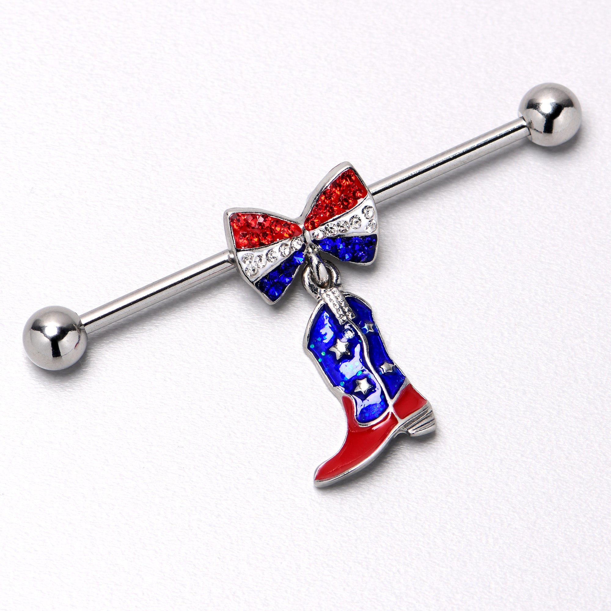 14 Gauge Red Blue Gem Bow Cowboy Boot Patriotic Industrial Barbell 38mm