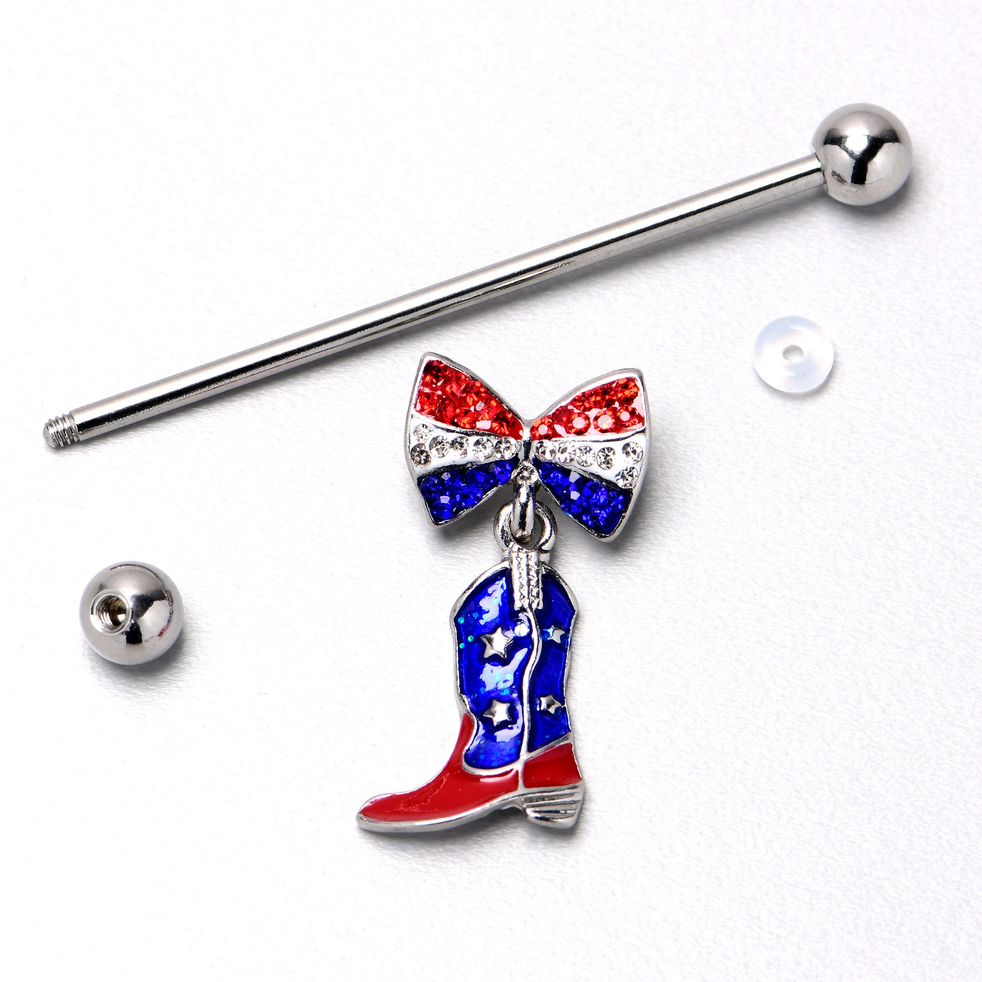 14 Gauge Red Blue Gem Bow Cowboy Boot Patriotic Industrial Barbell 38mm