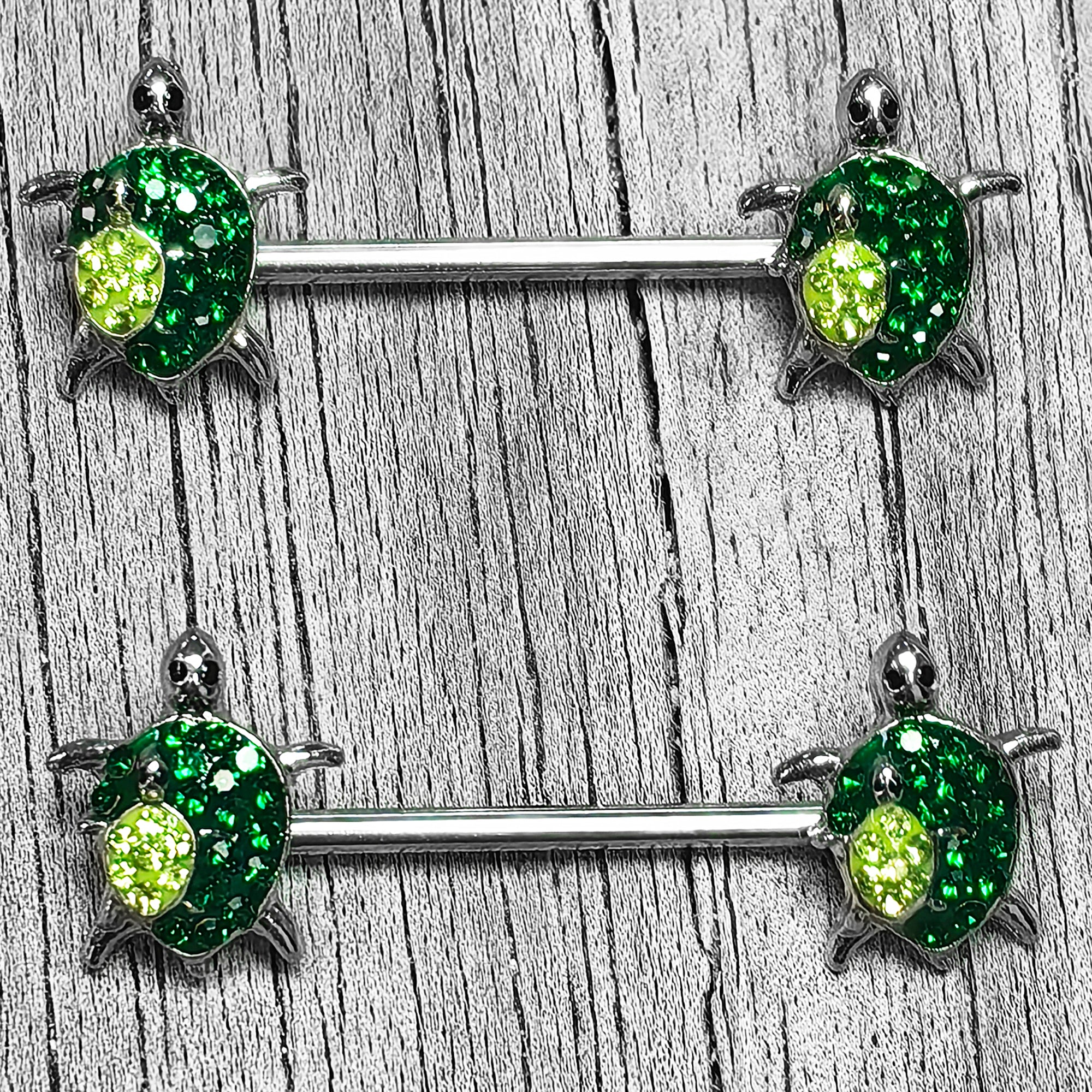 14 Gauge 9/16 Green Gem Turtle World Barbell Nipple Ring Set