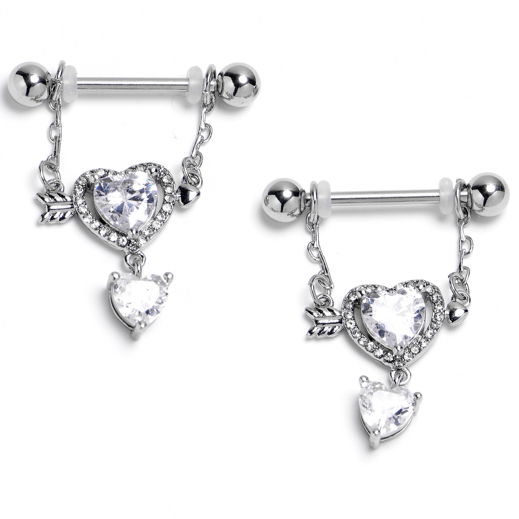 14 Gauge Fusion of Love Arrow Heart Dangle Nipple Ring Set