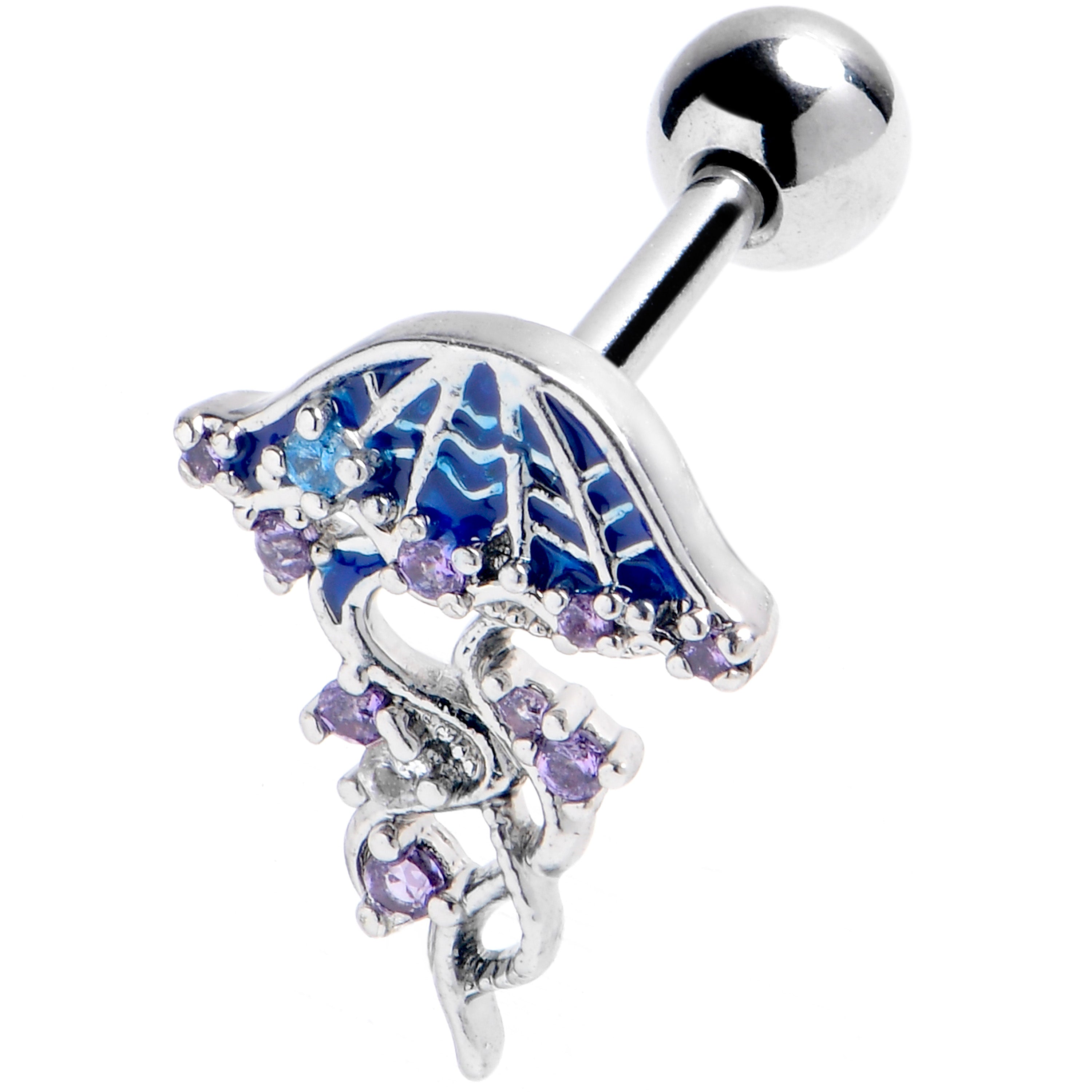 16 Gauge 1/4 Purple Blue Gem Jellyfish Blue Cartilage Tragus Earring