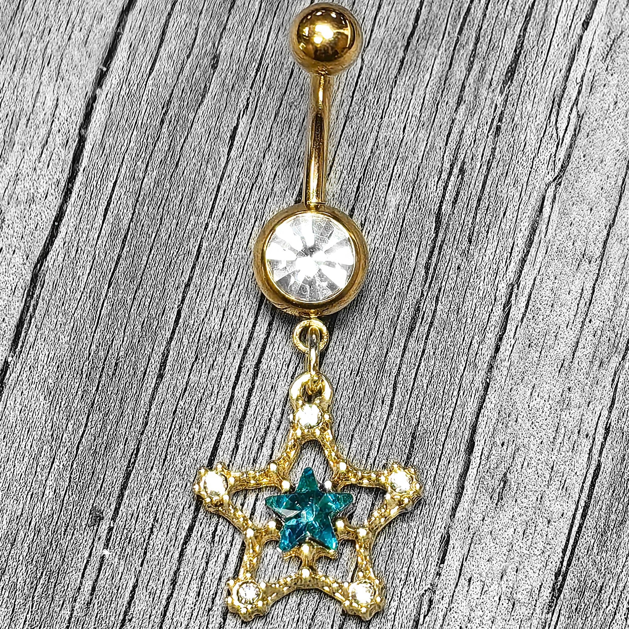 Clear Blue Gem Gold Tone Starry Glam Dangle Belly Ring