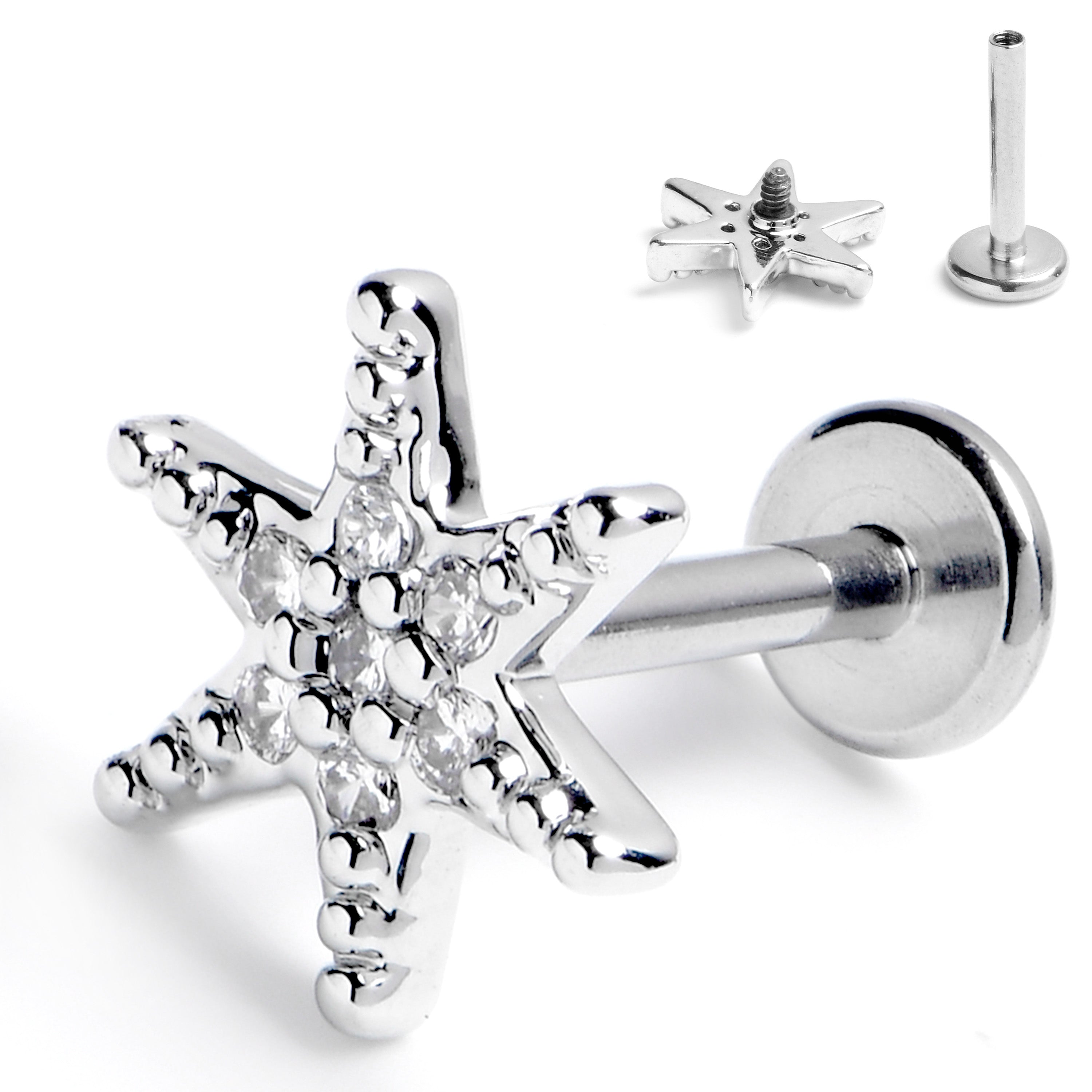 16 Gauge 5/16 Clear CZ Gem Lavish Star Internally Threaded Labret Tragus