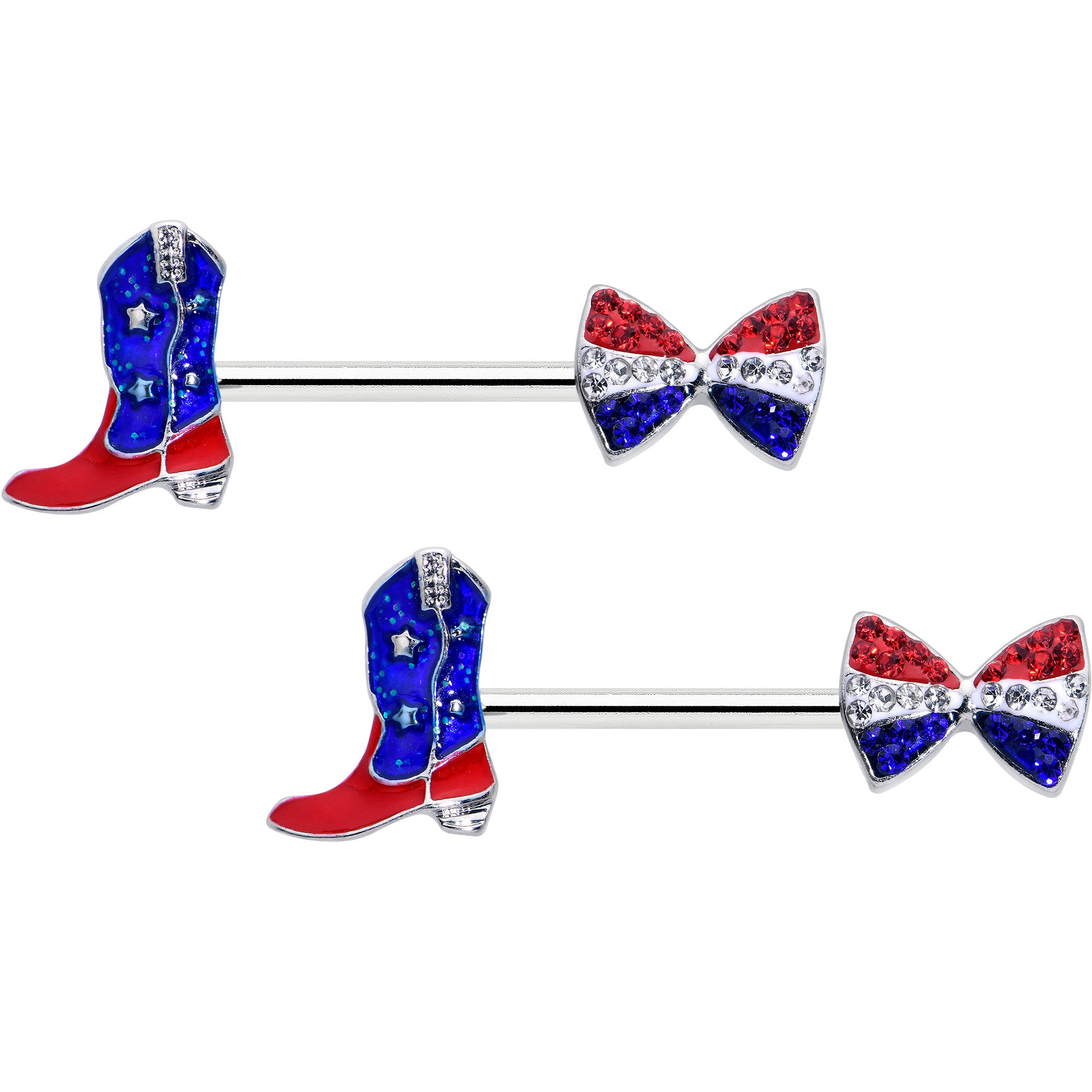 14 Gauge 9/16 Red Blue Gem Bow Cowboy Boot Patriotic Nipple Ring Set