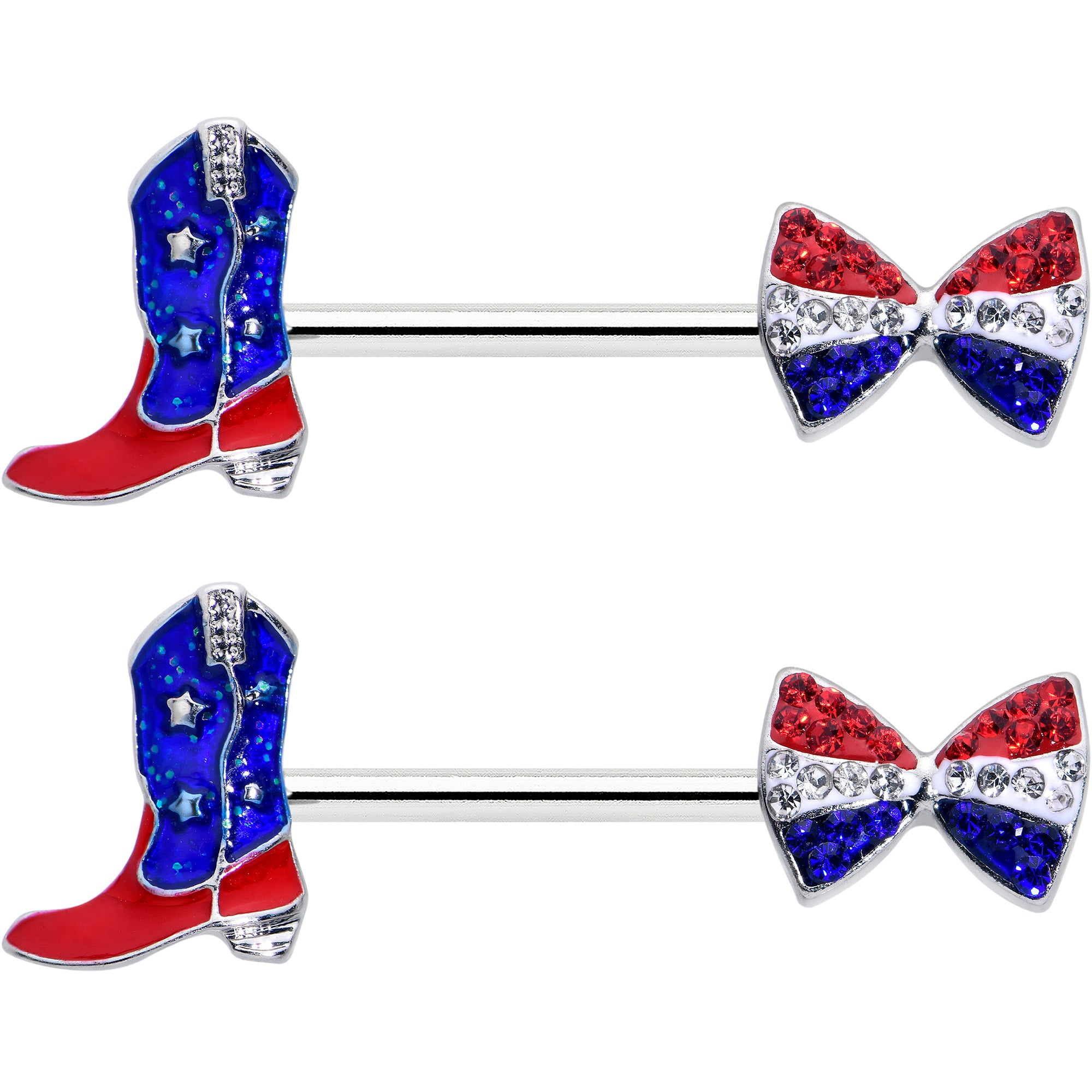 14 Gauge 9/16 Red Blue Gem Bow Cowboy Boot Patriotic Nipple Ring Set