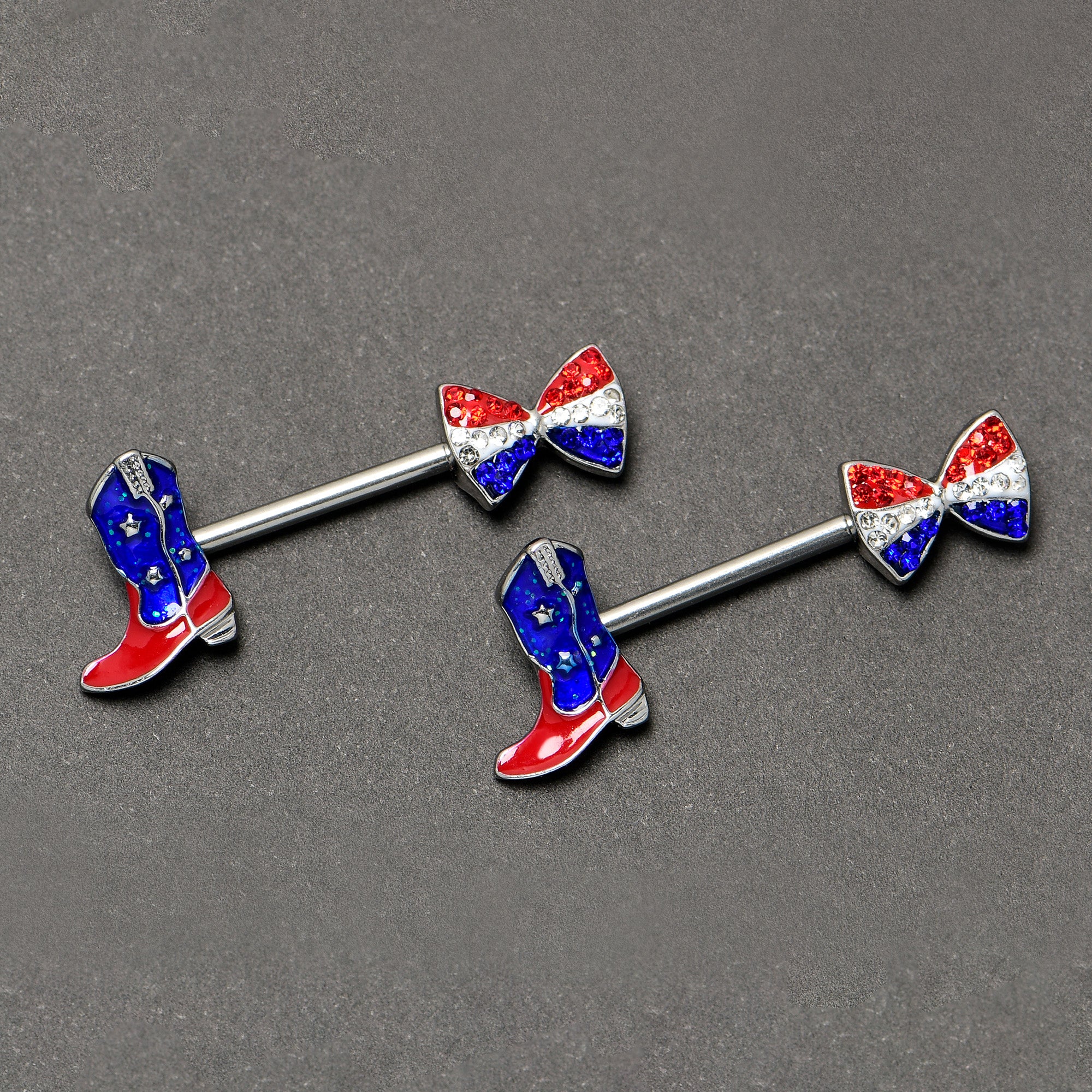 14 Gauge 9/16 Red Blue Gem Bow Cowboy Boot Patriotic Nipple Ring Set