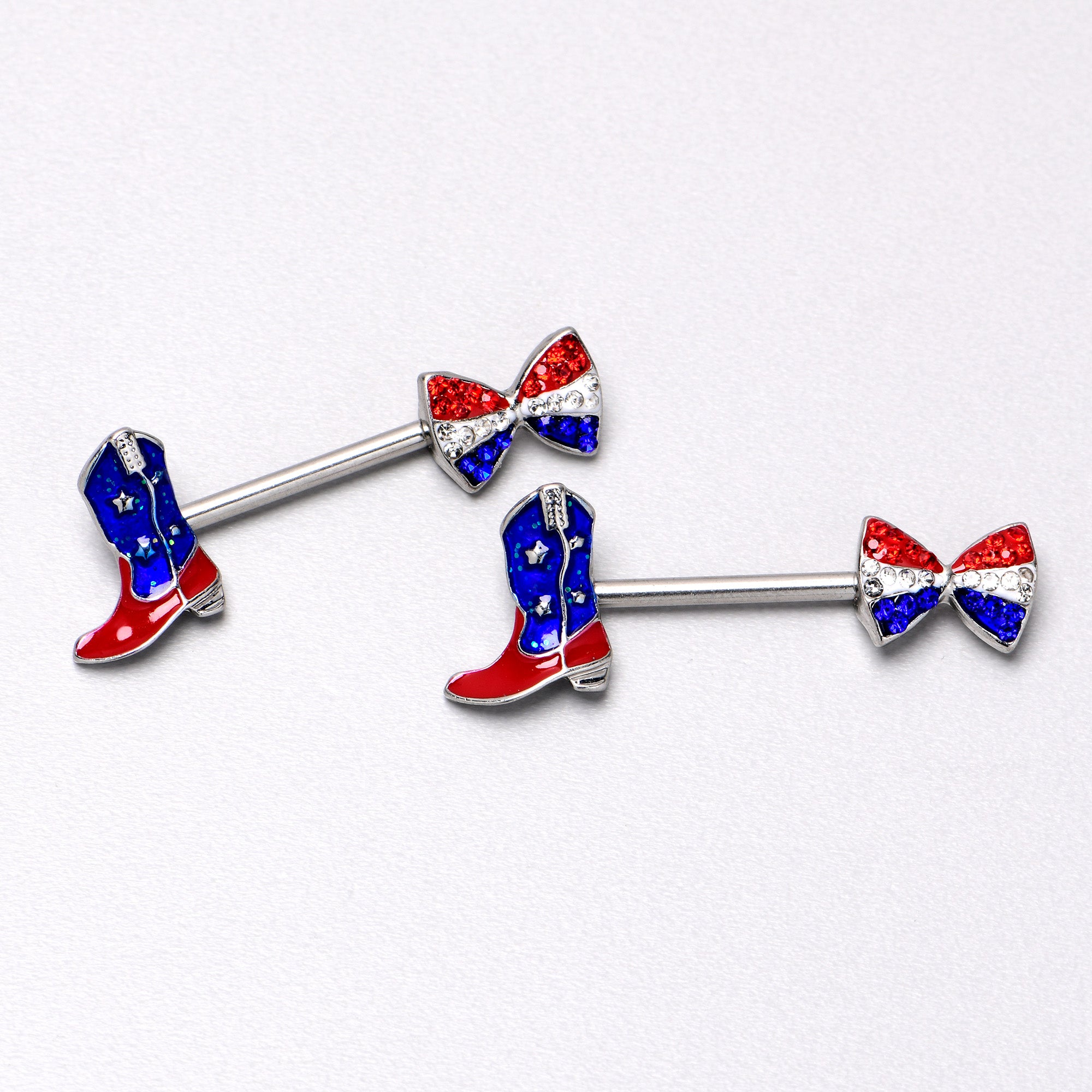 14 Gauge 9/16 Red Blue Gem Bow Cowboy Boot Patriotic Nipple Ring Set