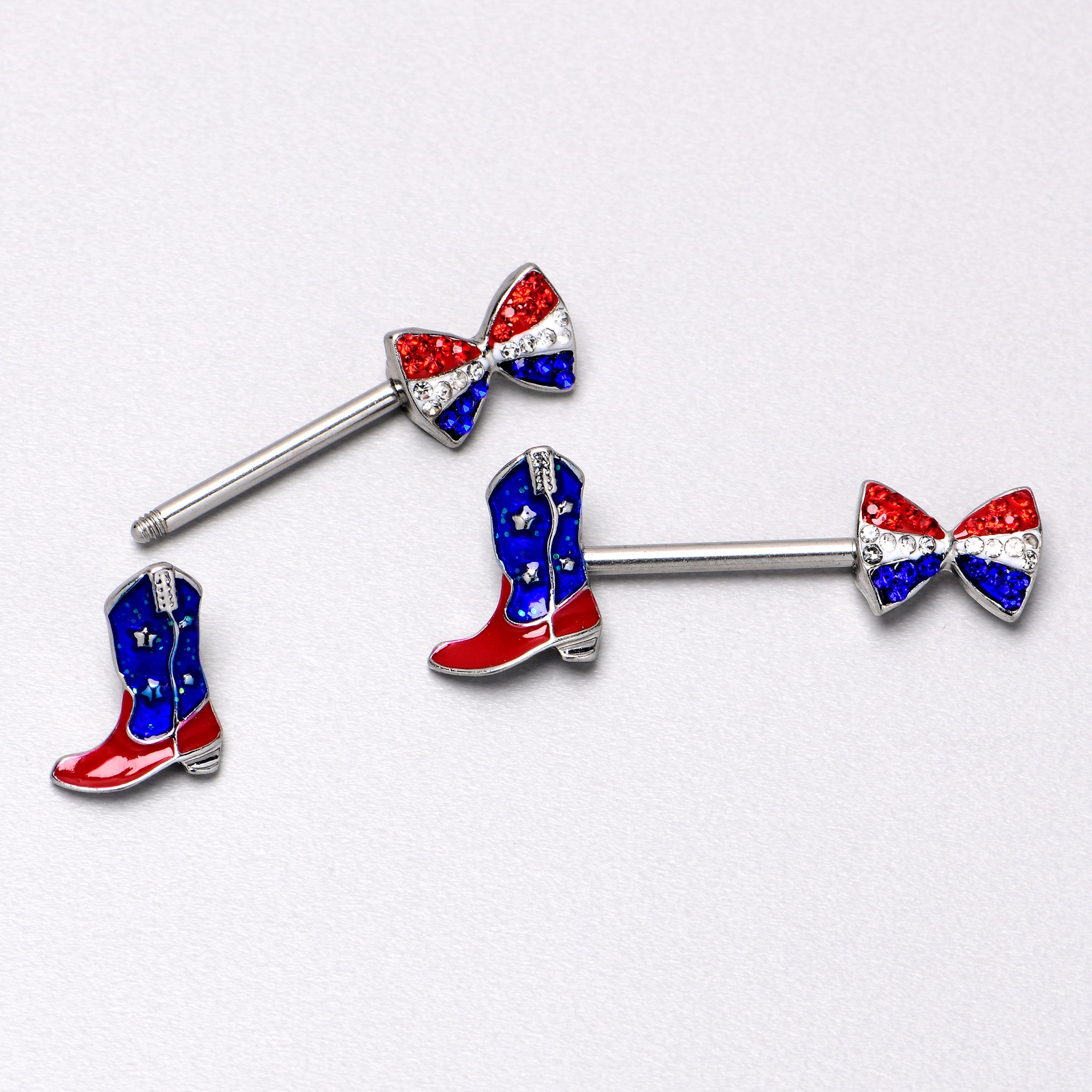 14 Gauge 9/16 Red Blue Gem Bow Cowboy Boot Patriotic Nipple Ring Set