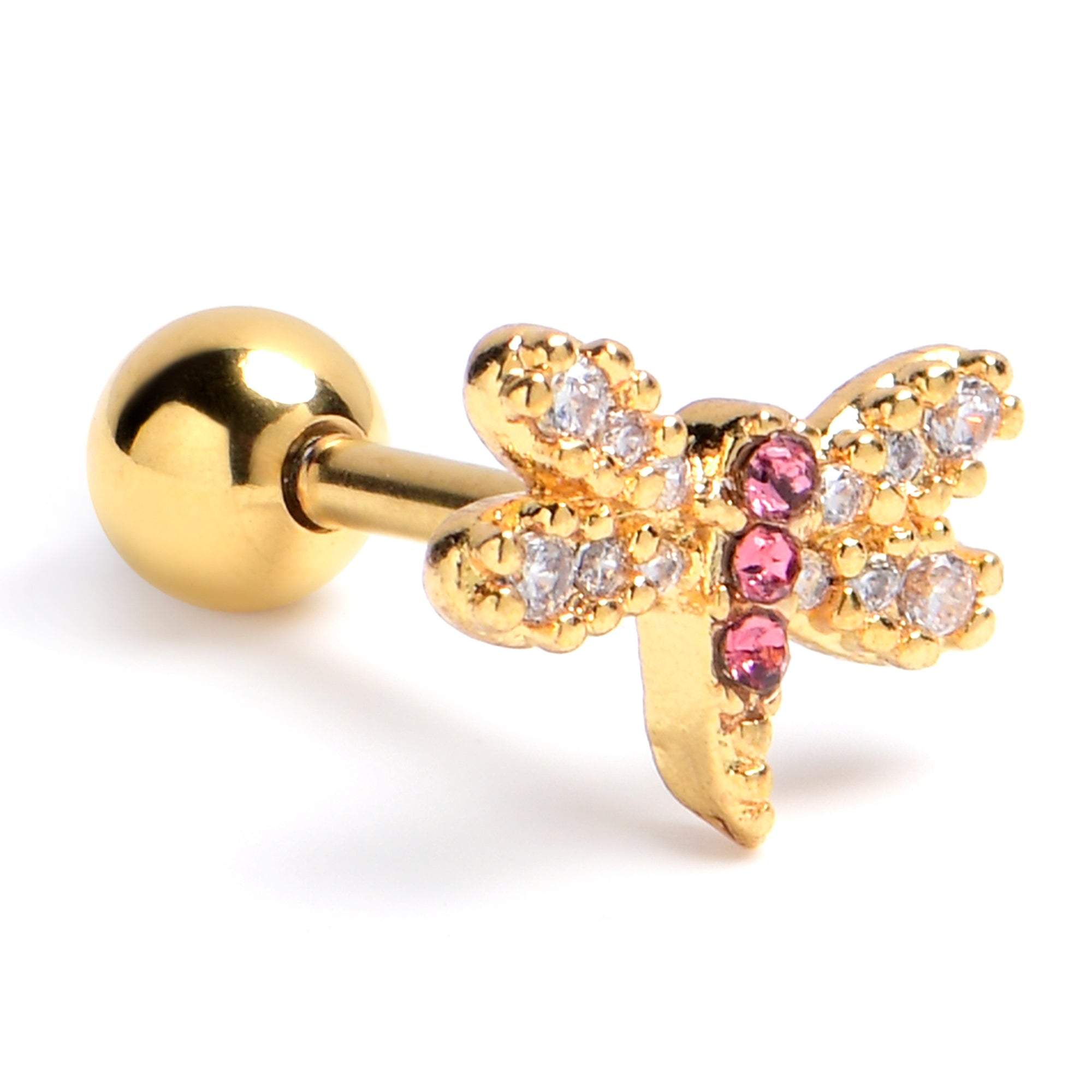 16 Gauge 1/4 Pink Gem Gold Tone Dragonfly Drama Cartilage Earring