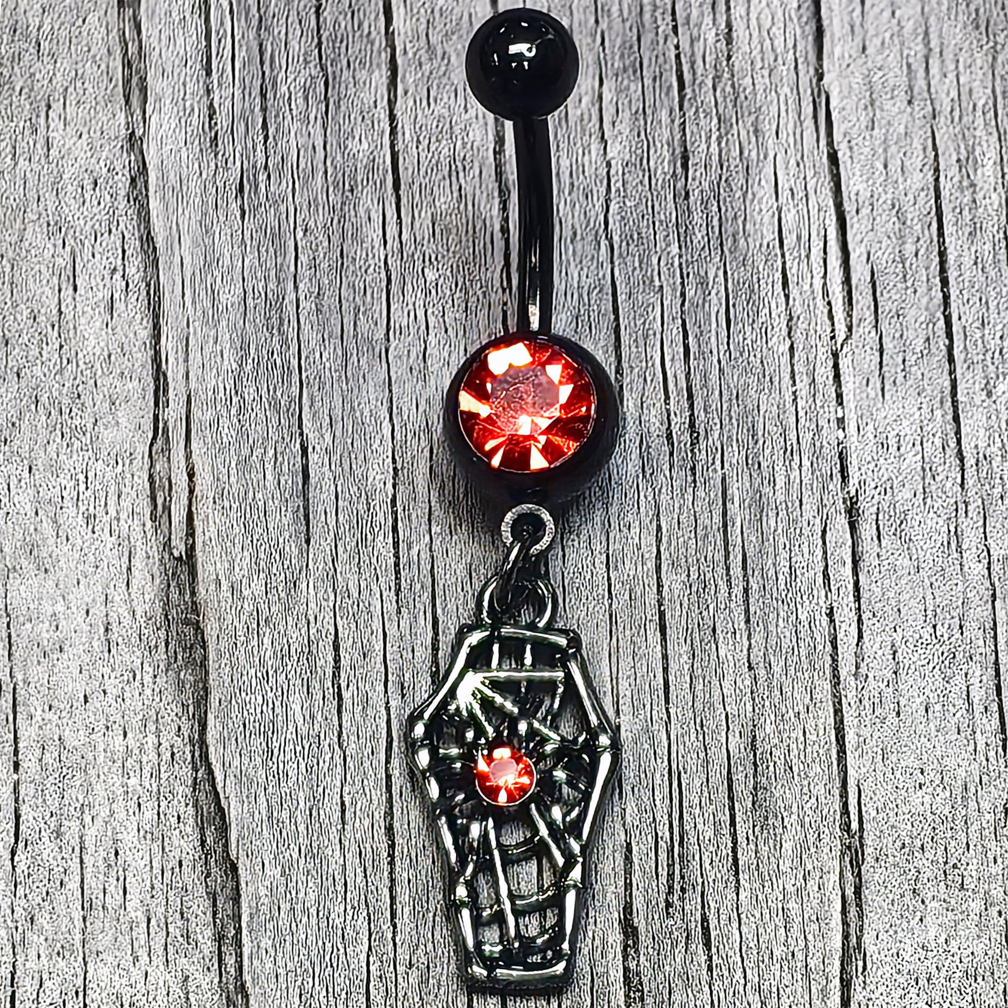 Red Gem Black Spider Coffin Dangle Belly Ring