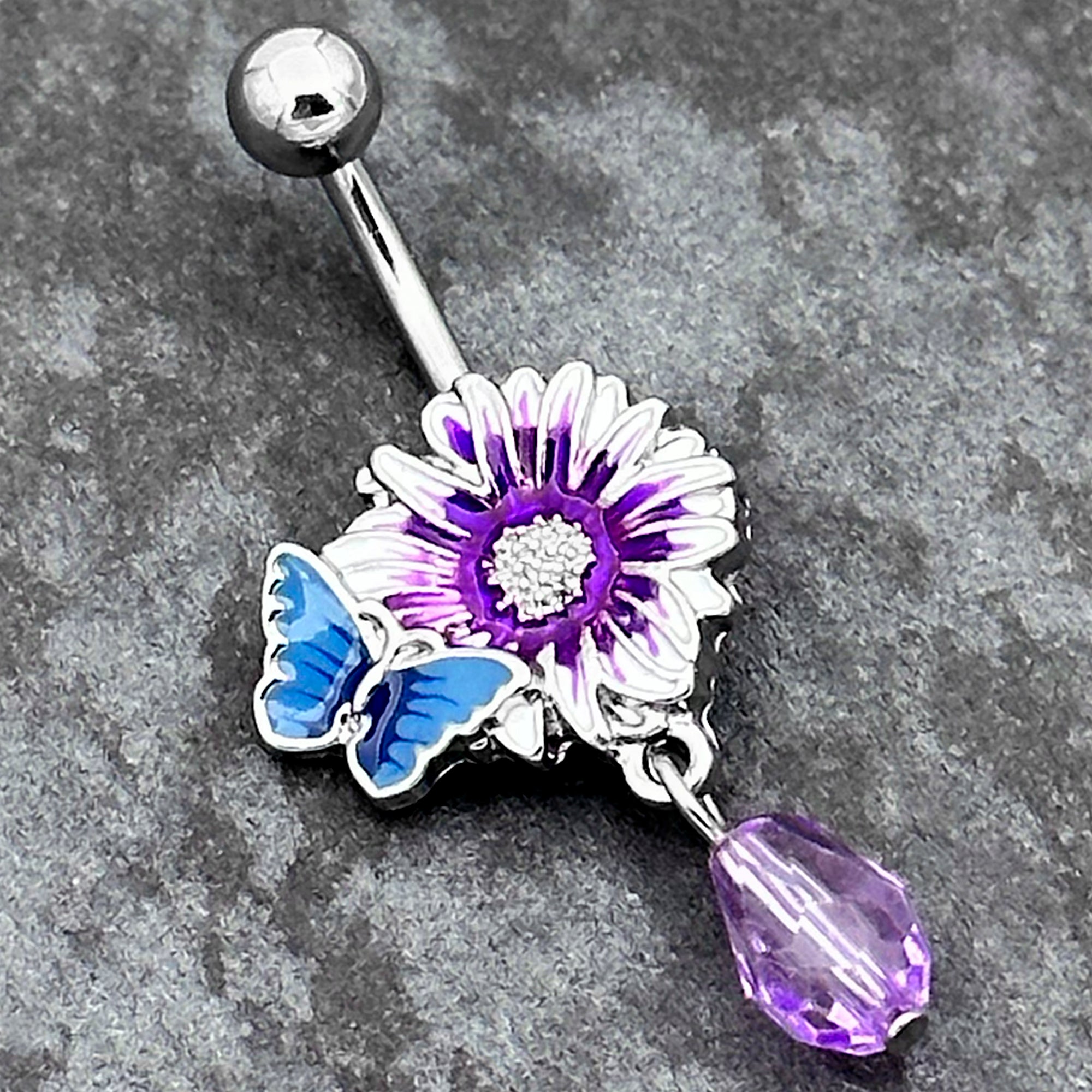 Purple Gem Passion Flower Butterfly Dangle Belly Ring