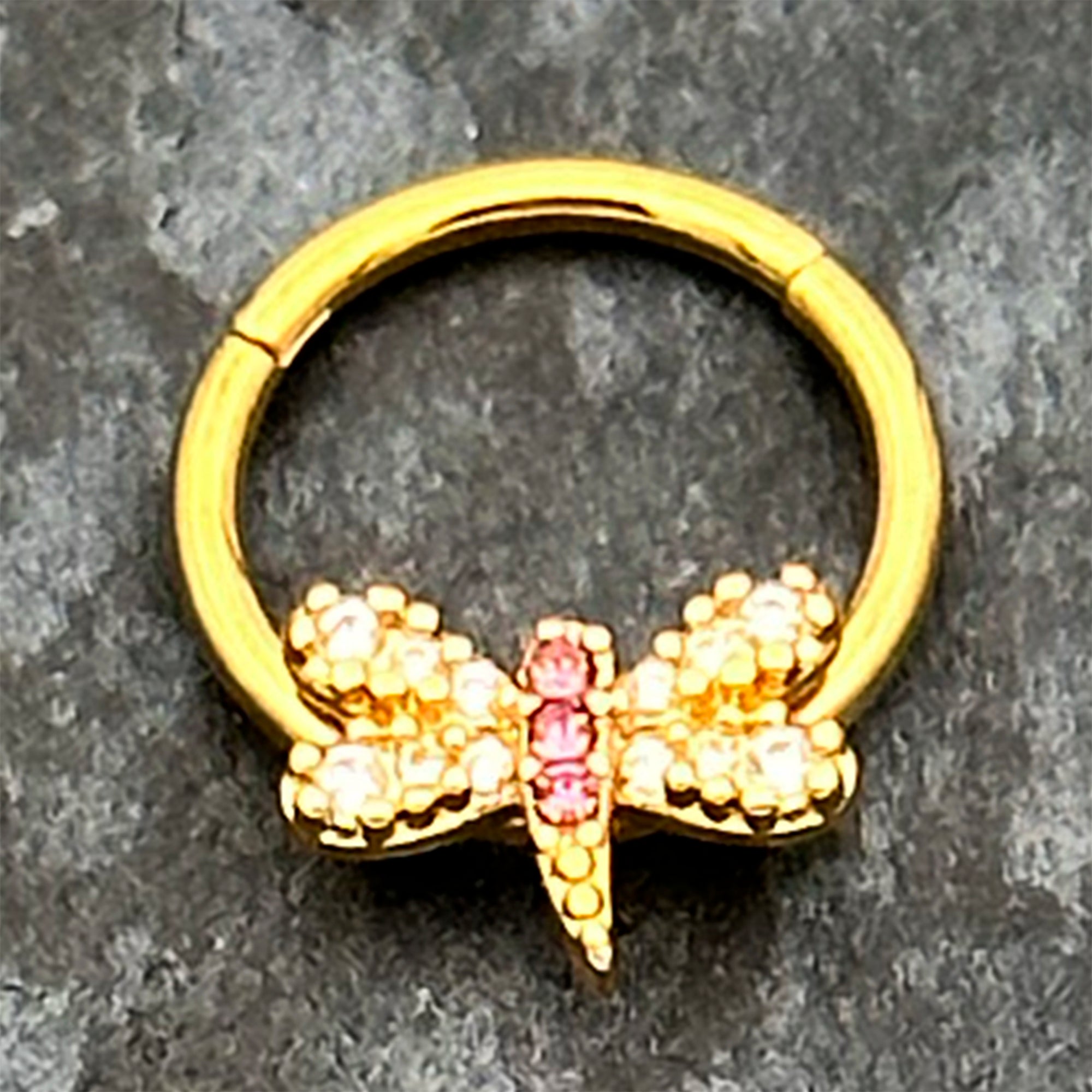 16 Gauge 3/8 Pink Gem Gold Tone Dragonfly Drama Hinged Segment Ring