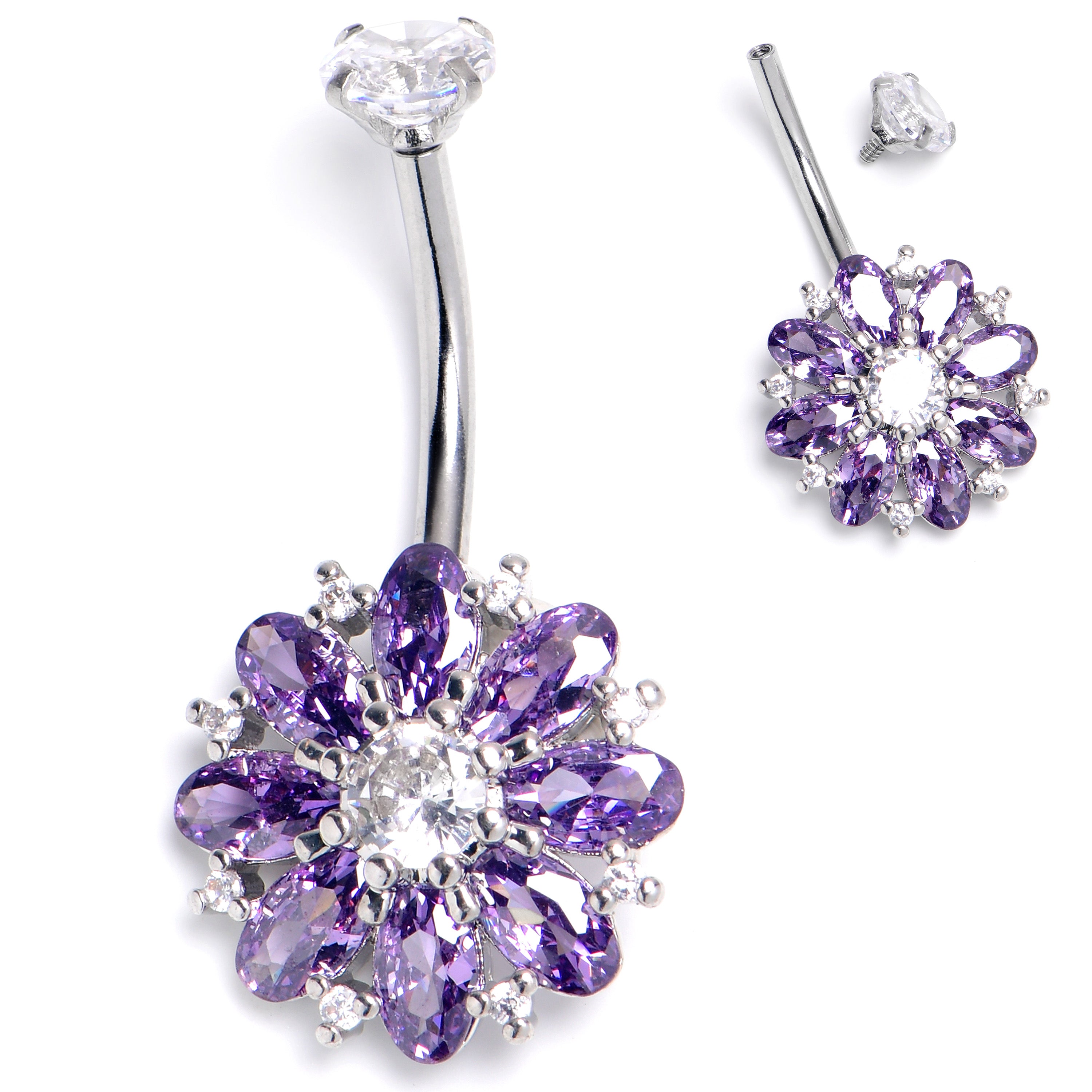 Clear Purple CZ Gem Internally Threaded Blooming Glory Belly Ring