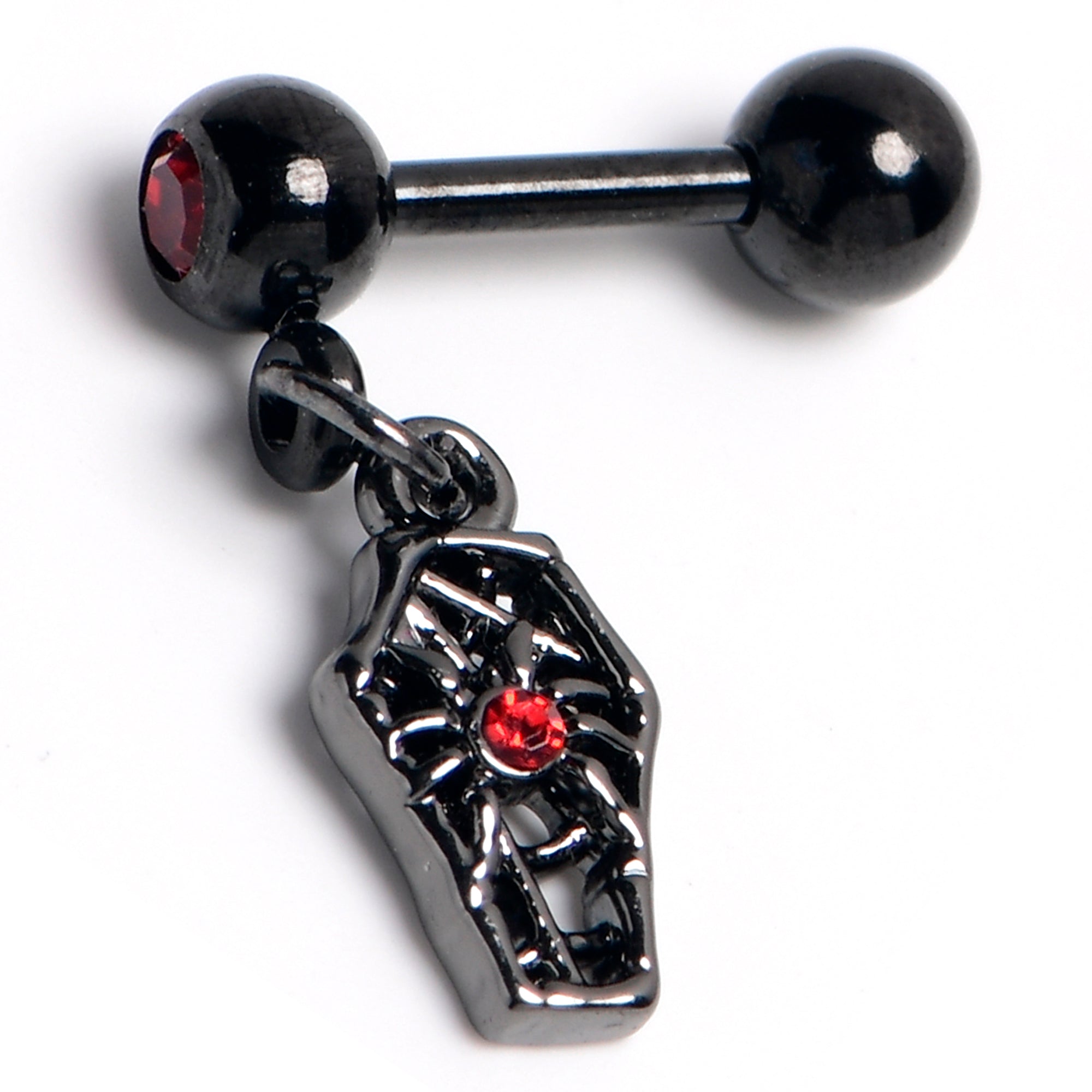 16 Gauge 1/4 Red Gem Spider Coffin Dangle Cartilage Earring